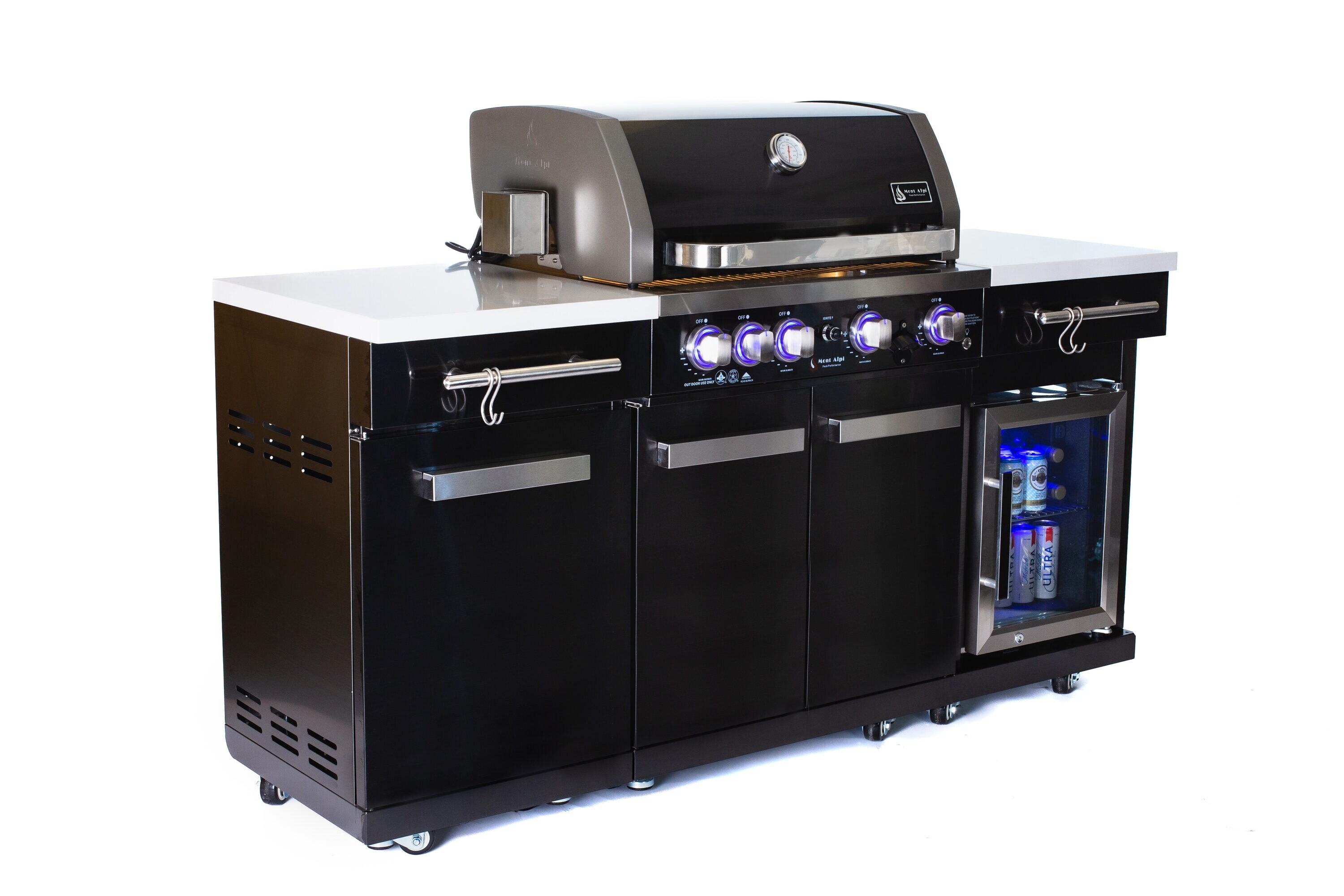 Mont Alpi Black Stainless Steel 5-Burner Outdoor Kitchen Island Grill with Rotisserie