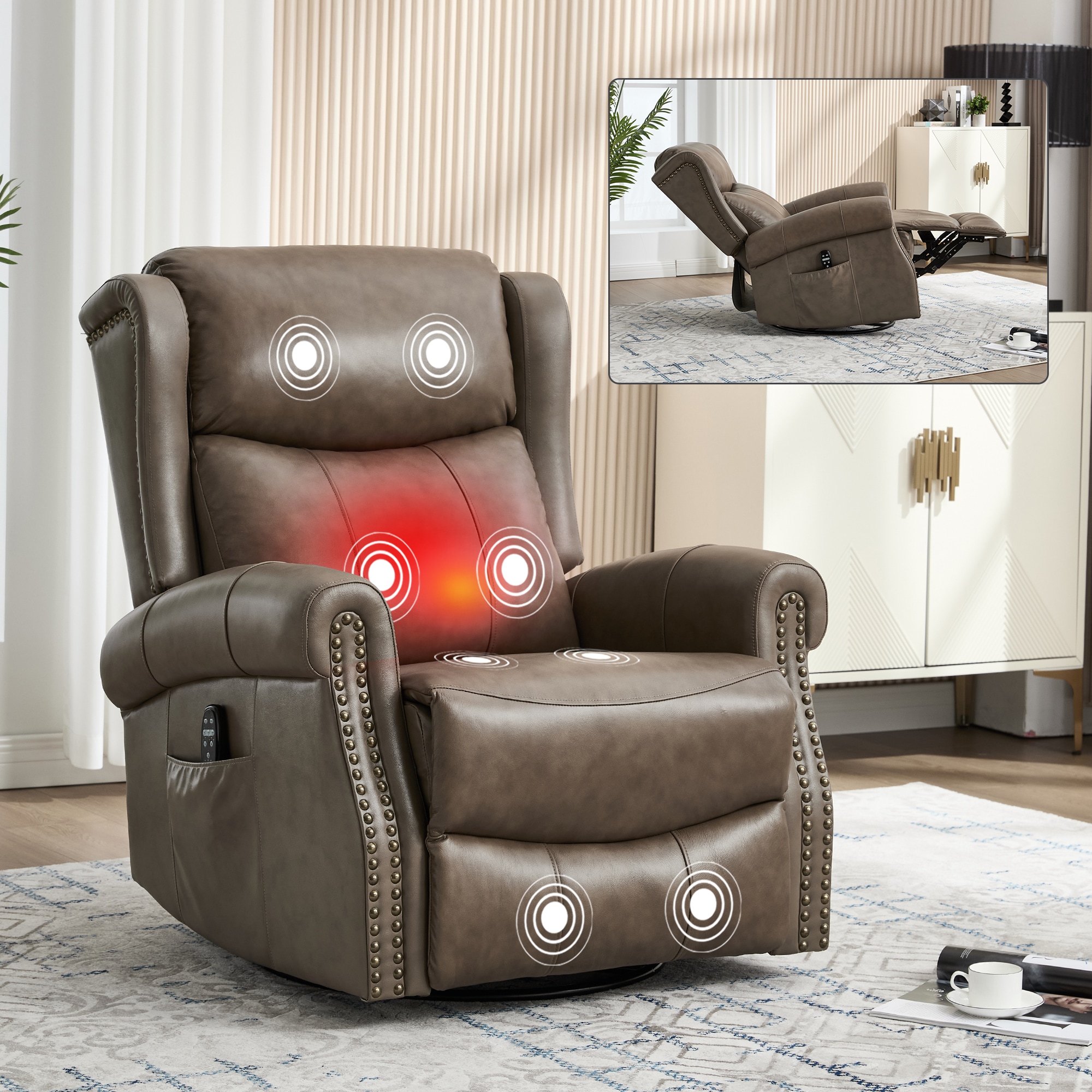 Huluwat - Heat Massage Manual Recliner Chair with Rocker and Swivel in Genuine leather for Living...