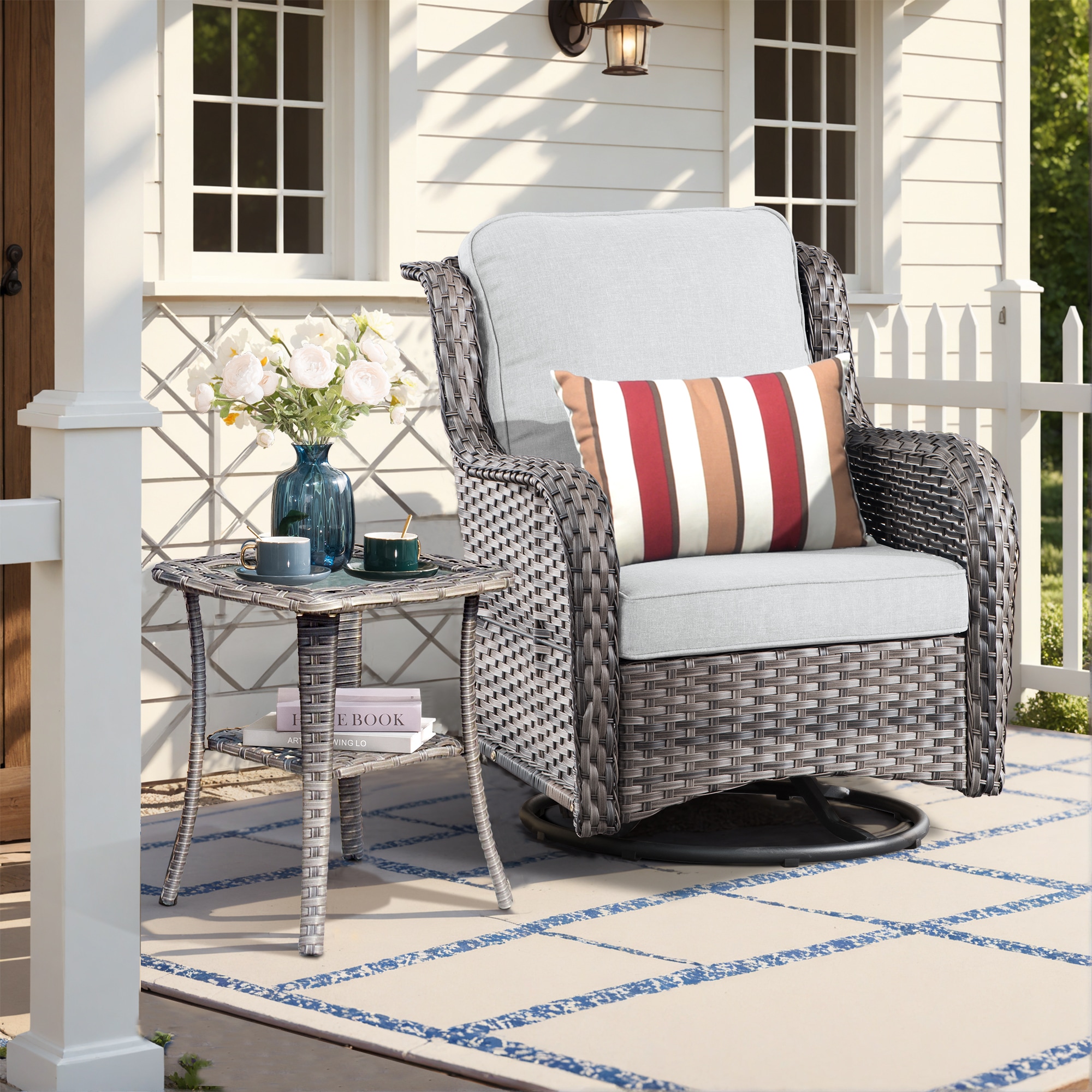 Pouuin SYZGNTC4-1 Wicker Gray Metal Frame Swivel rocker Rocking Chair with Gray Cushioned Seat