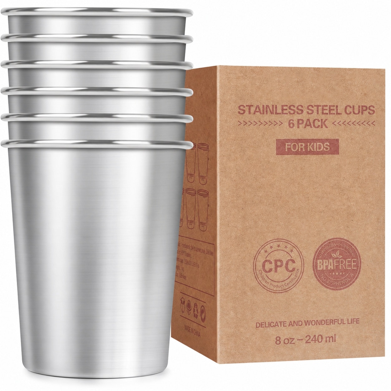 Aoibox  8 oz Kids Stainless Steel Cups Tumblers for Camping School Travel and Everyday Drinking 6 Pack
