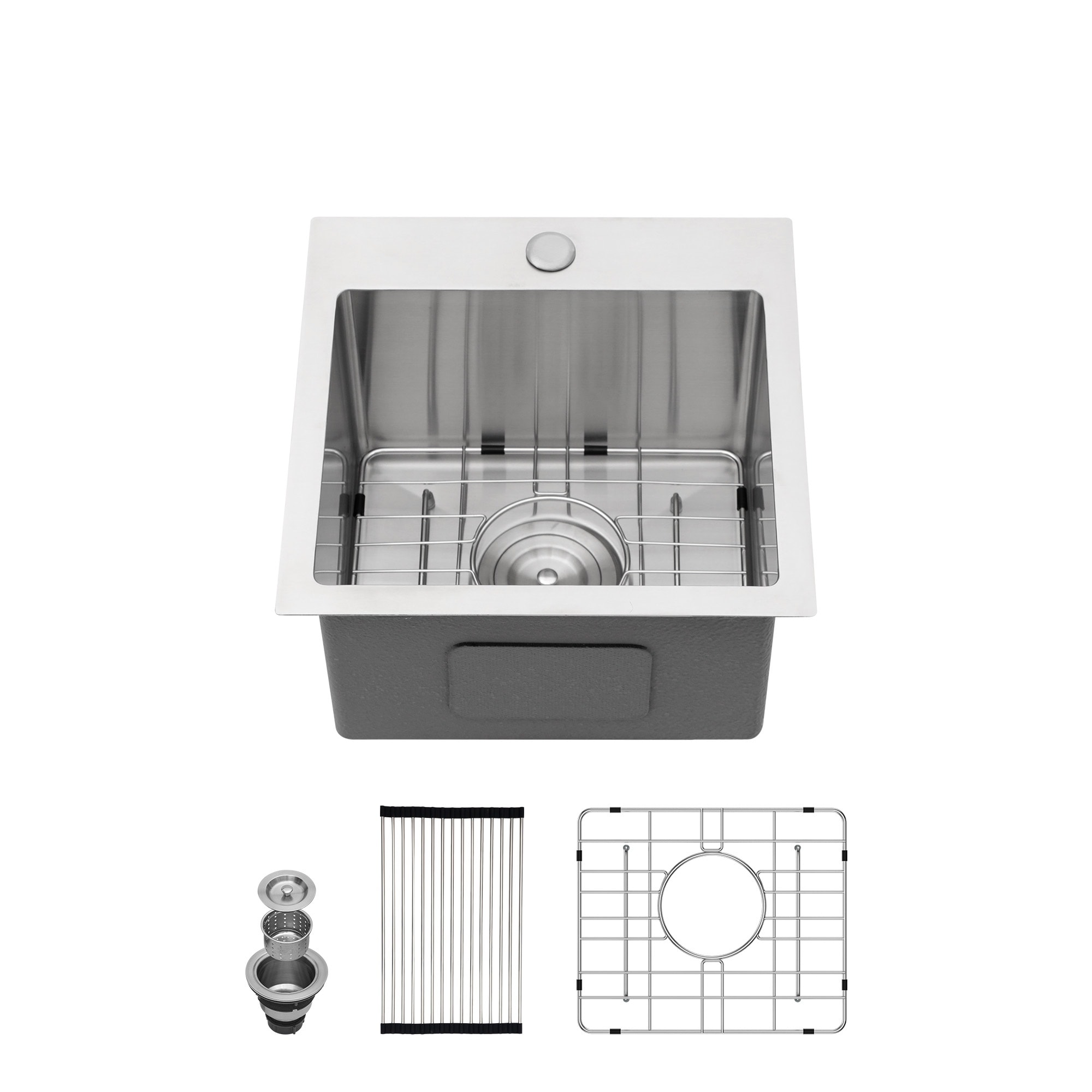 Vorene - 15x15x9-in Drop-in Topmount Bar Sink 16 Gauge Stainless Steel Single Bowl