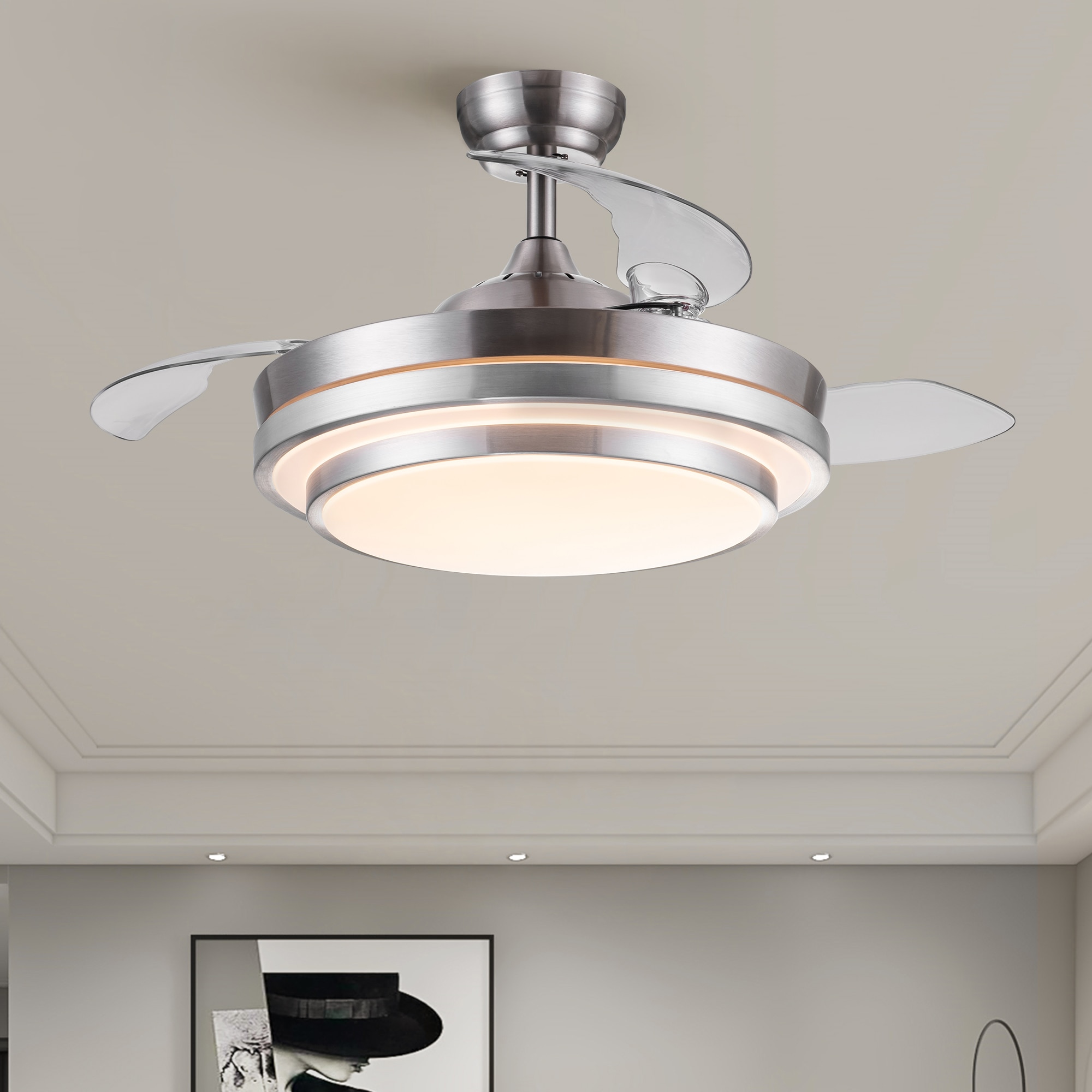 ExBrite DICF0116 42-Inches Brushed Nickel with Color-Changing Integrated LED Fixture Indoor Downrod mount Drum Ceiling Fan With Light and Remote ( 3 -Blade)
