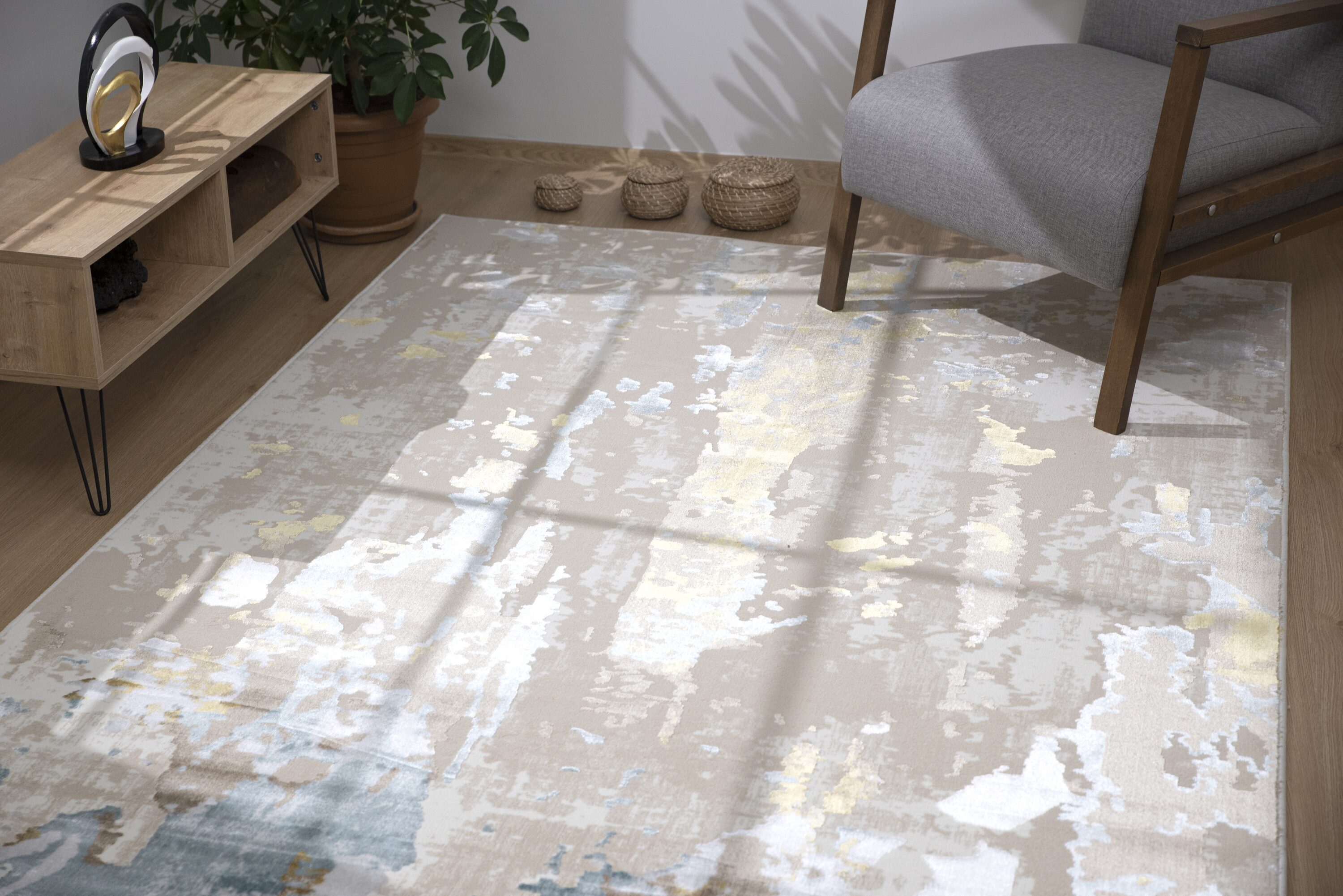 London Collection Cream and Brown Abstract Area Rug
