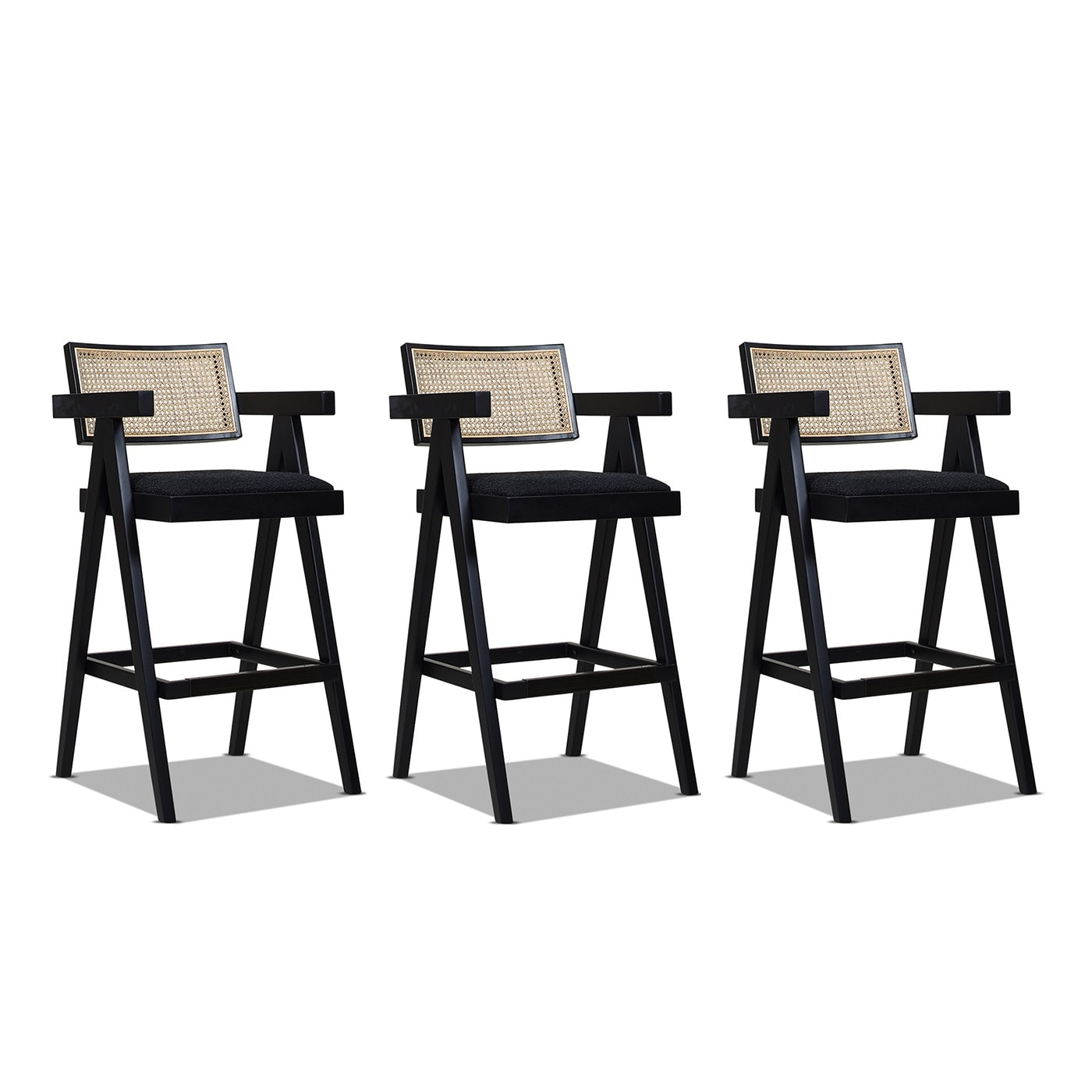 Milan Ebony Black Bouclé & Natural Wood Bar Stool Set of 3