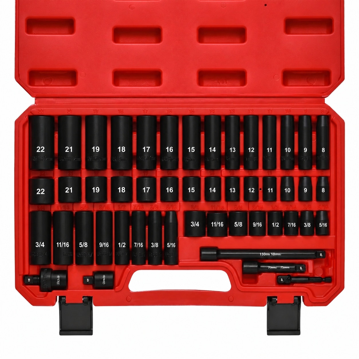 Linder Group Inc 49 Piece 3 8 Inch Drive Impact Socket Set with Standard SAE and Metric Sizes Including Deep and Shallow Six Point Chrome Vanadium Steel Sockets