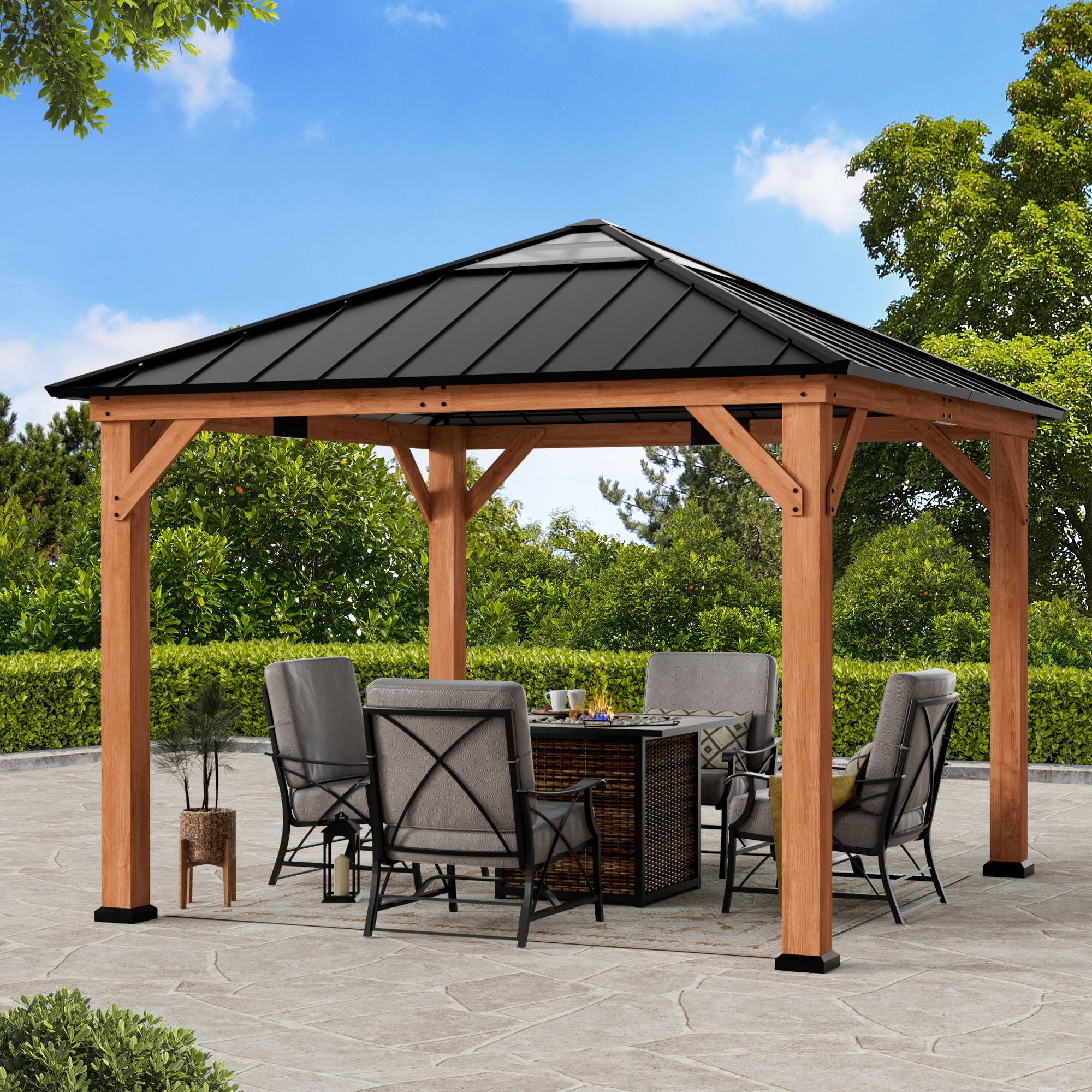 Modern Shade - 11-ft x 11-ft Cedar Wood Hardtop Patio Gazebo with Galvanized Steel Roof