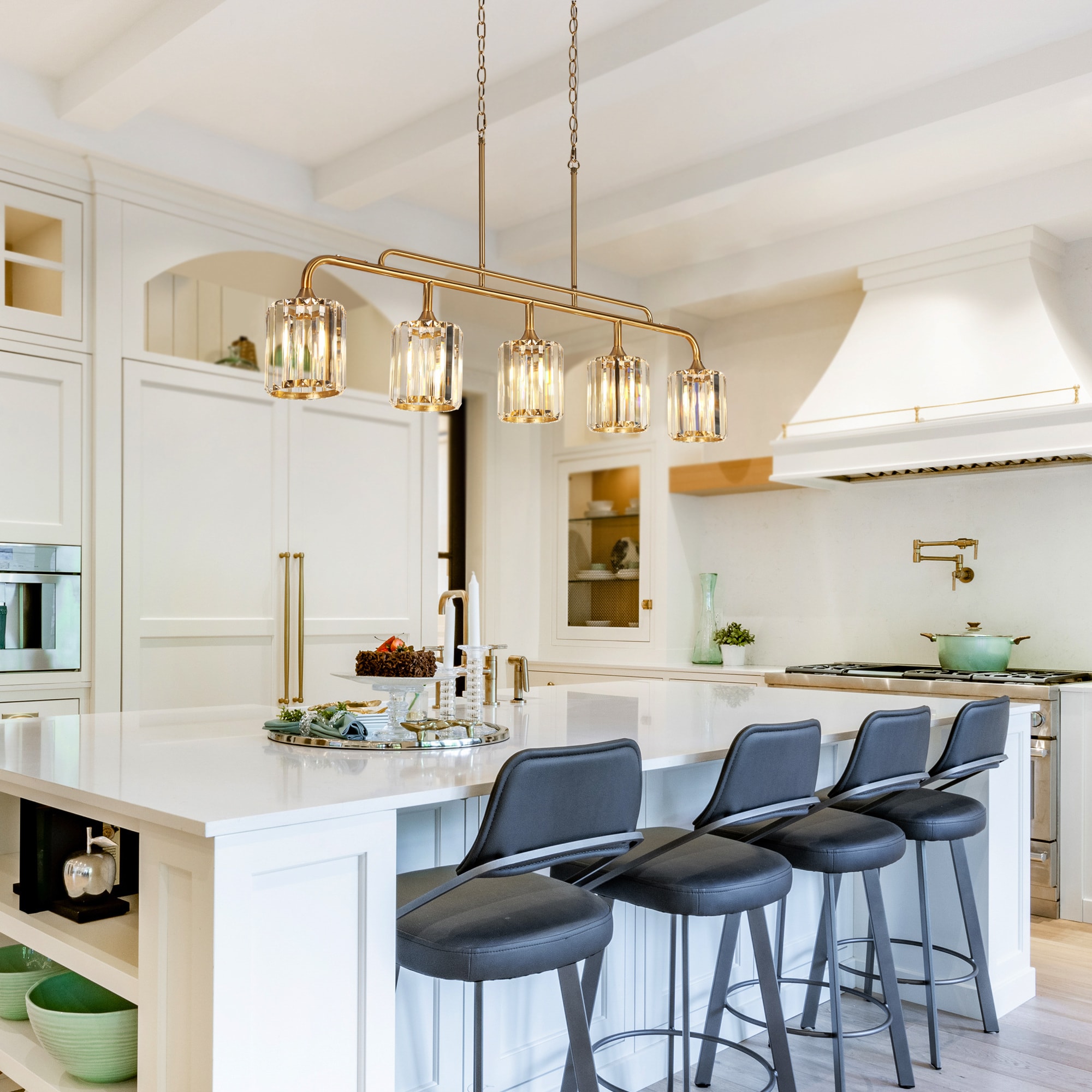 Oversized Brass and Crystal 47" Linear Island Chandelier