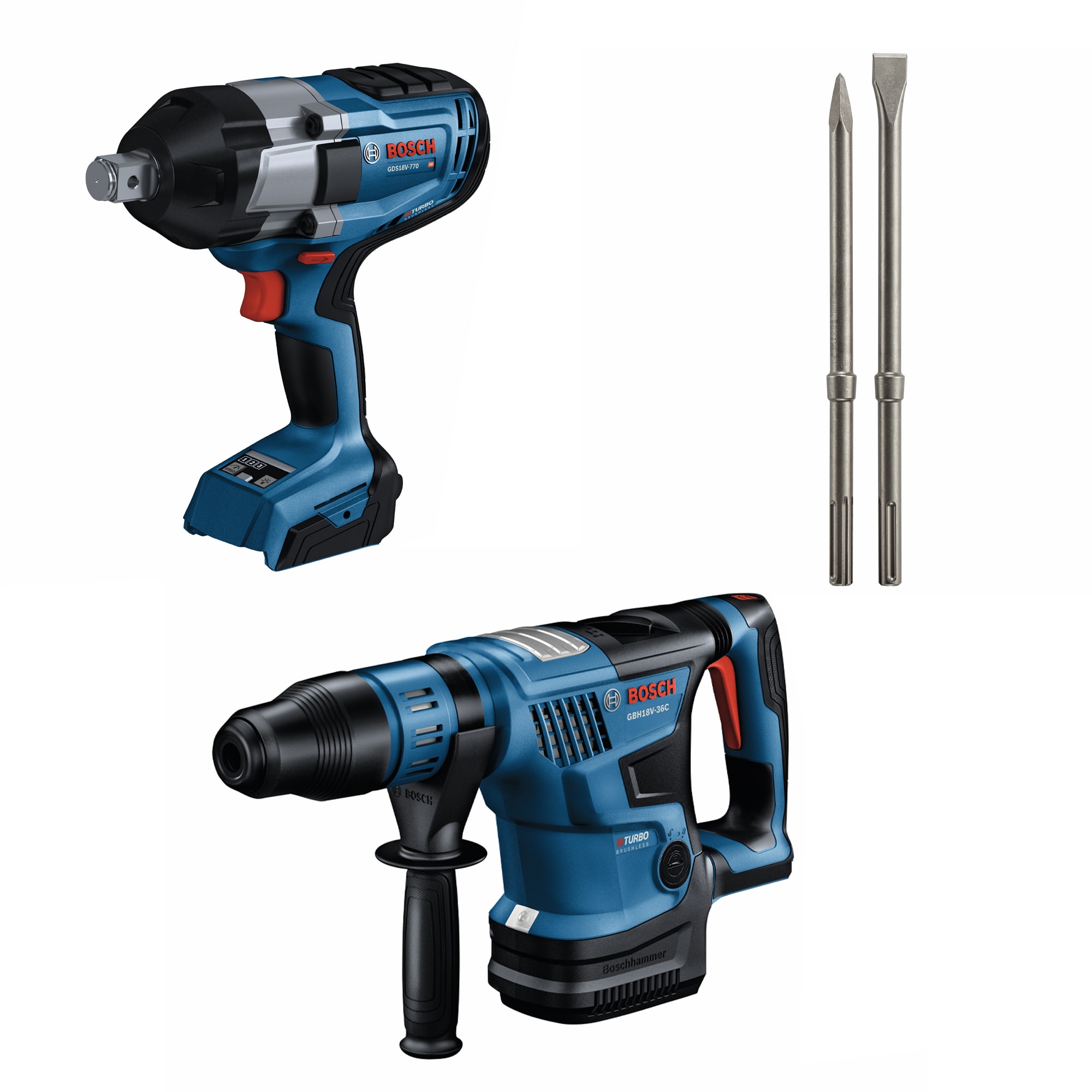 Bosch GBH18V-36CN 18V PROFACTOR™ 1-1/4 In. SDS-max Rotary Hammer (Bare Tool), GDS18V-770N 18V Cordless 3/4 In. Impact Wrench (Bare Tool), and