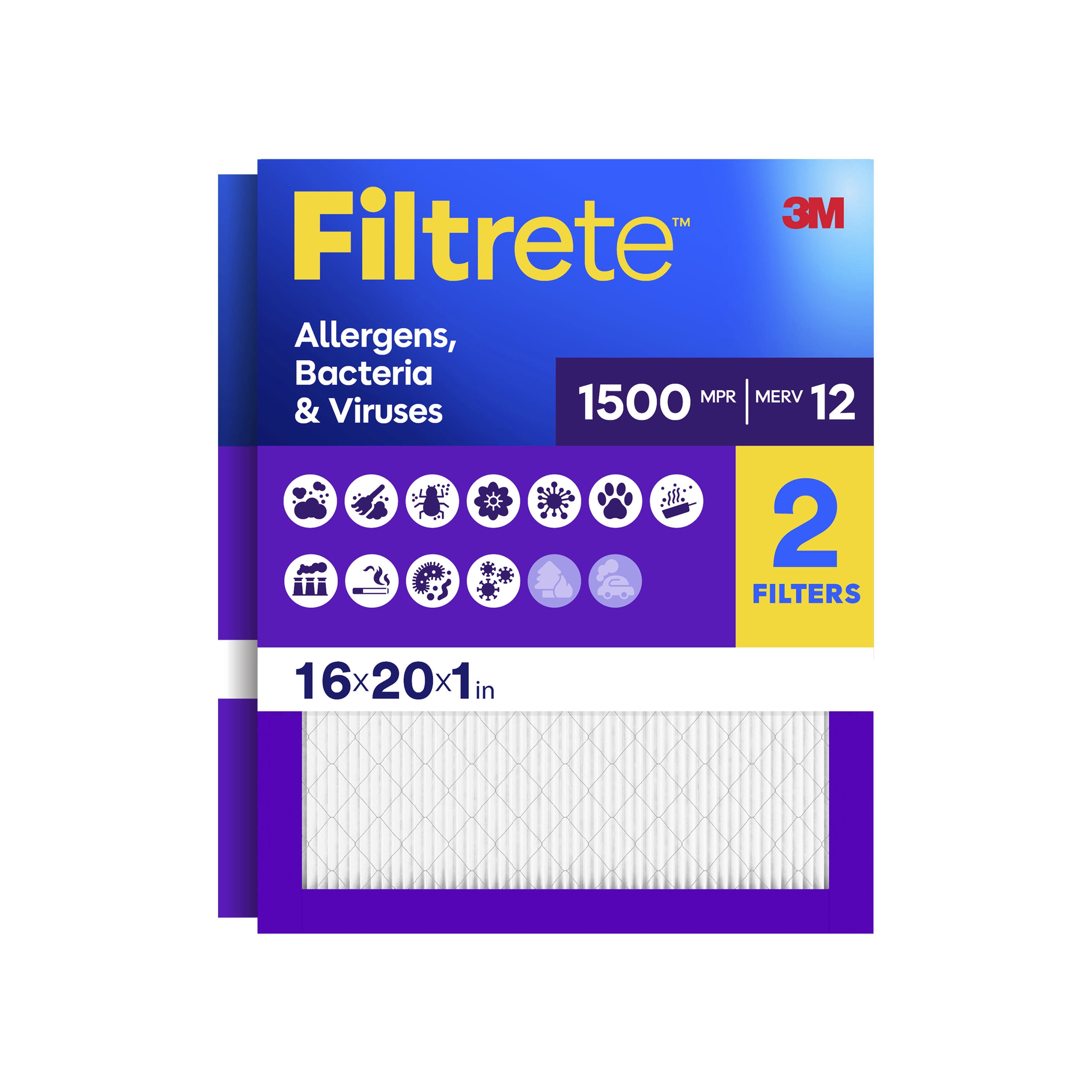 Filtrete 16 x 20 x 1 MERV 12 1500 MPR Allergens, Bacteria Viruses Electrostatic Pleated Air Filter 2 -Pack