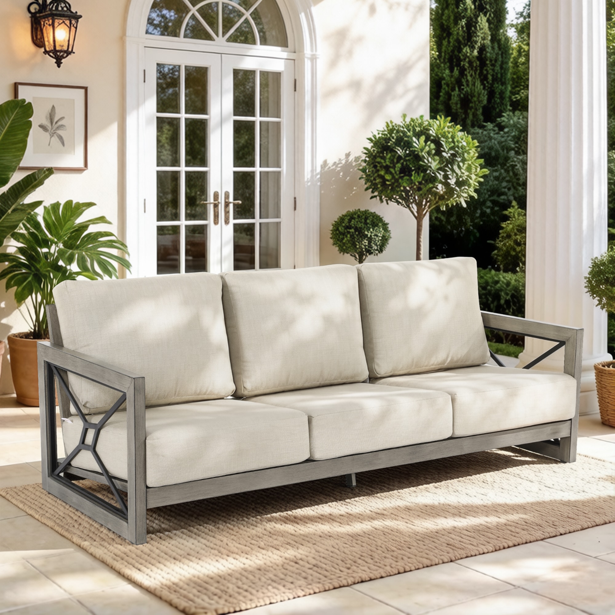 PEAK HOME FURNISHINGS - Marindo Outdoor Sofa with Beige Cushions and Aluminum Frame