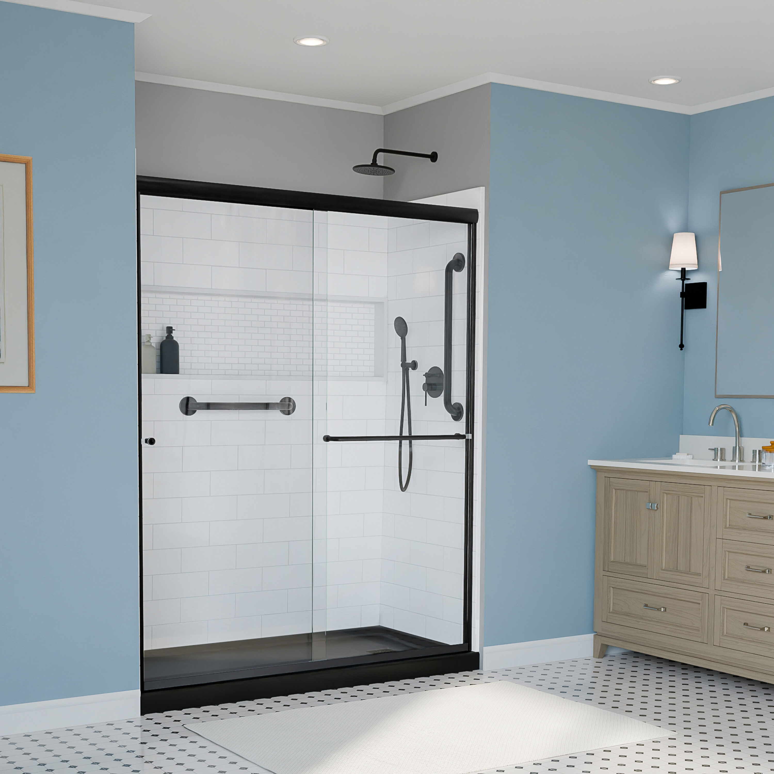 Laurel Mountain Sweet Bay 4 -Piece 30-in W x 60-in L x 74-in H Rectangle Alcove shower kit ( Right Drain) Base, Wall, Door Drain and Black Hardware Included