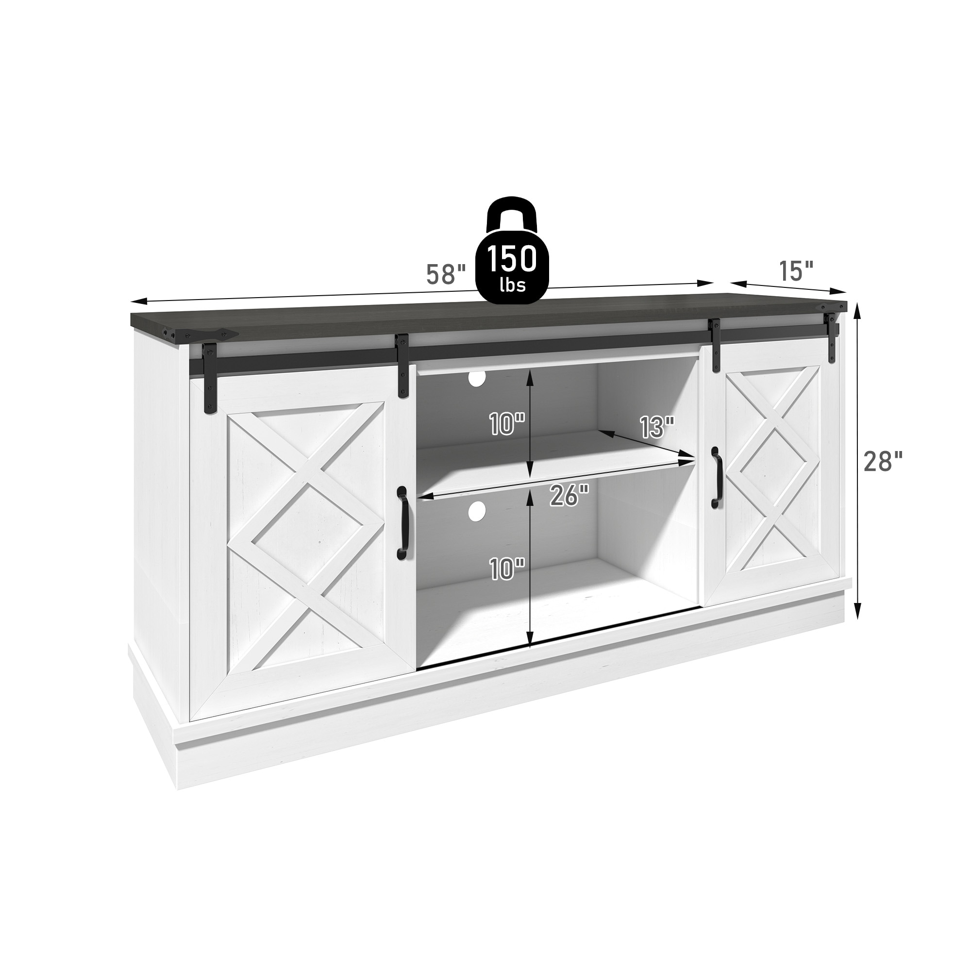 White Farmhouse 58" TV Stand with Sliding Barn Doors
