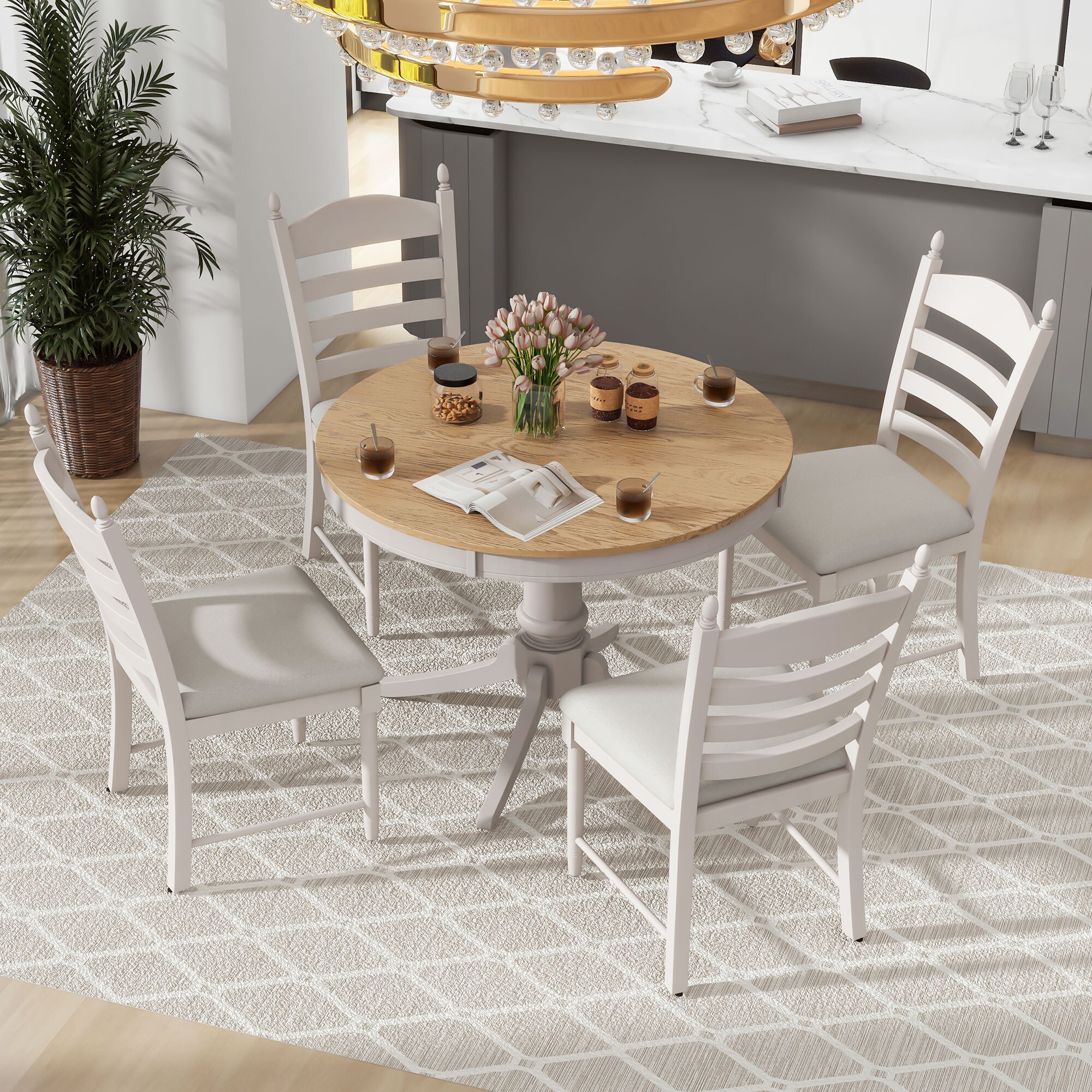 SINOFURN Offwhite Rustic Dining Room Set with Round Table (Seats 4) in