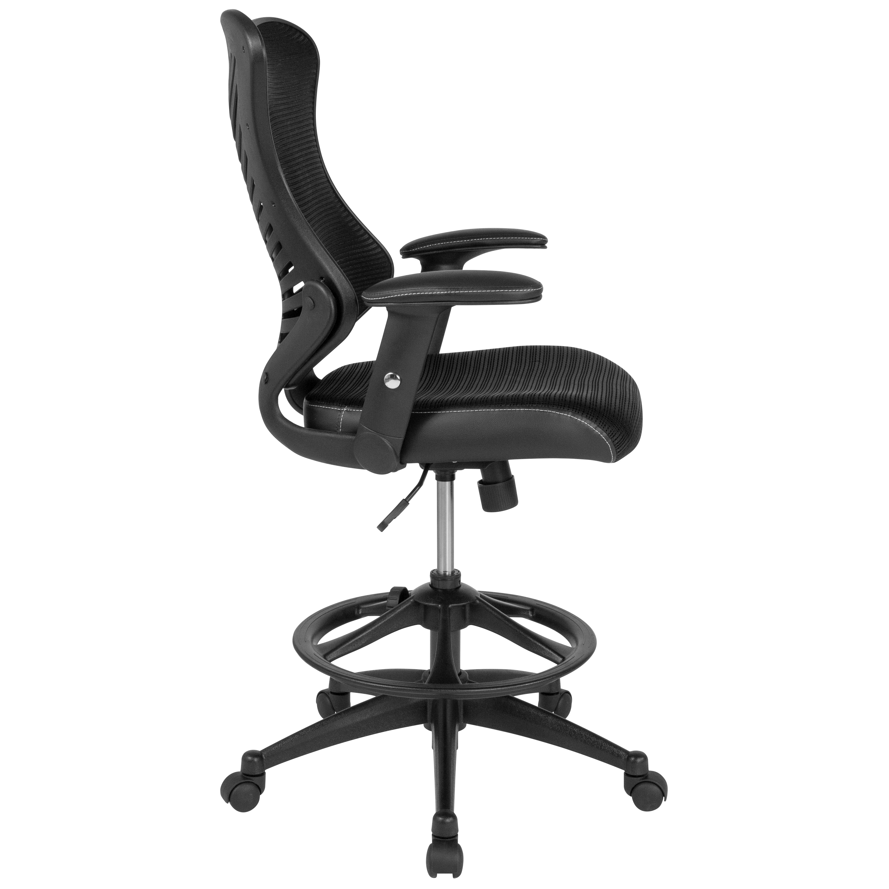 Ergonomic High Back Black Mesh Drafting Chair with Leather Accents