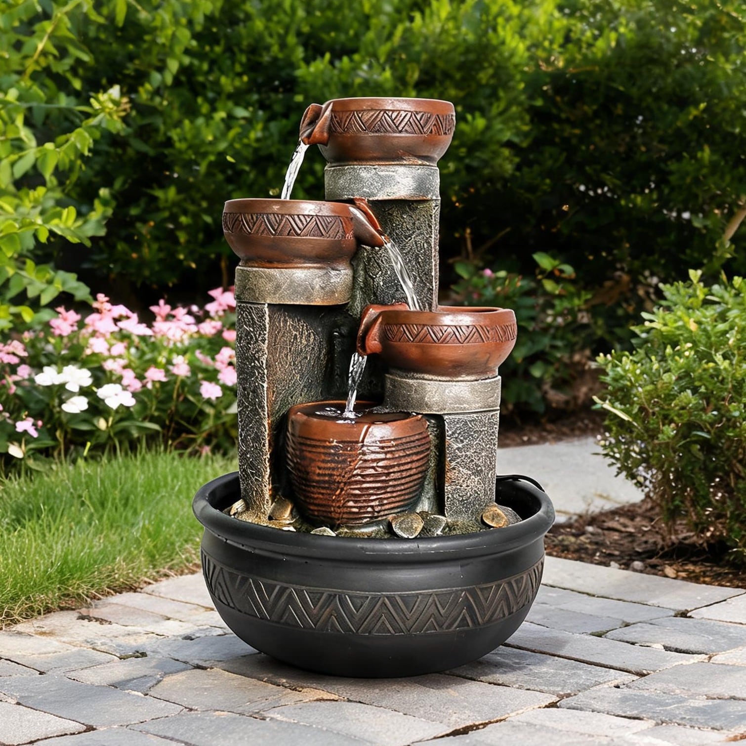 Watnature - Tabletop Waterfall Fountain Gray-Toned Resin Four-Tier LED Illumination Indoor Relaxa...