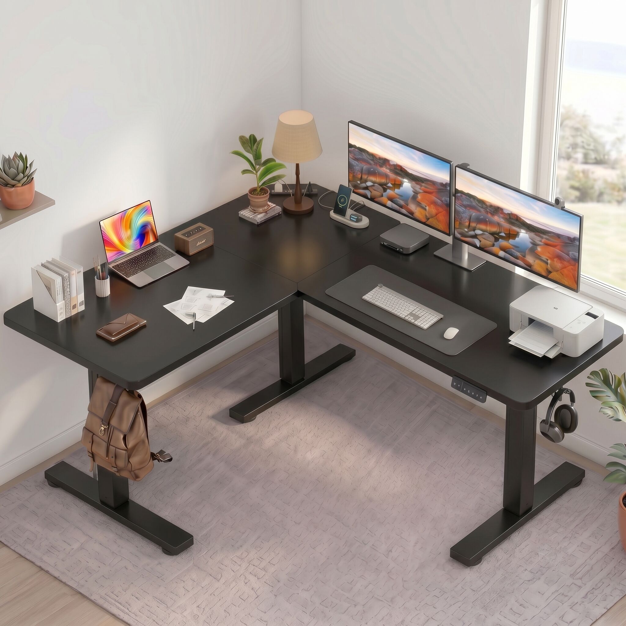 Wooakway 63in W Black L-Shaped Standing Desk with Memory Controller and Height Adjustable Electric Corner Standing Desk and Sit-Stand Computer Desk for Home Office
