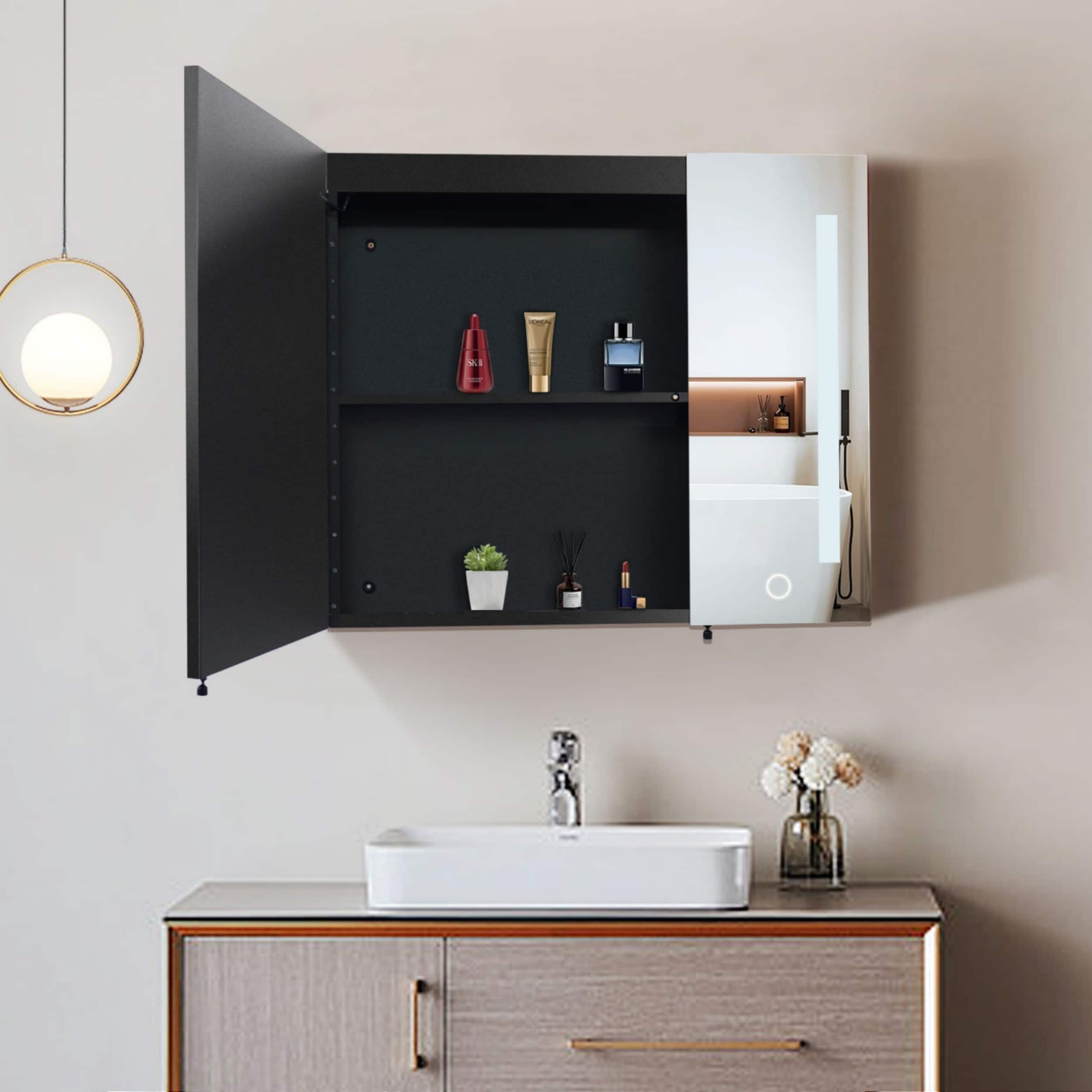 ToolCat BZ-2-146-JYG 30-in x 26-in Lighted LED Surface/Recessed Mount Black Mirrored Rectangle Soft Close Medicine Cabinet