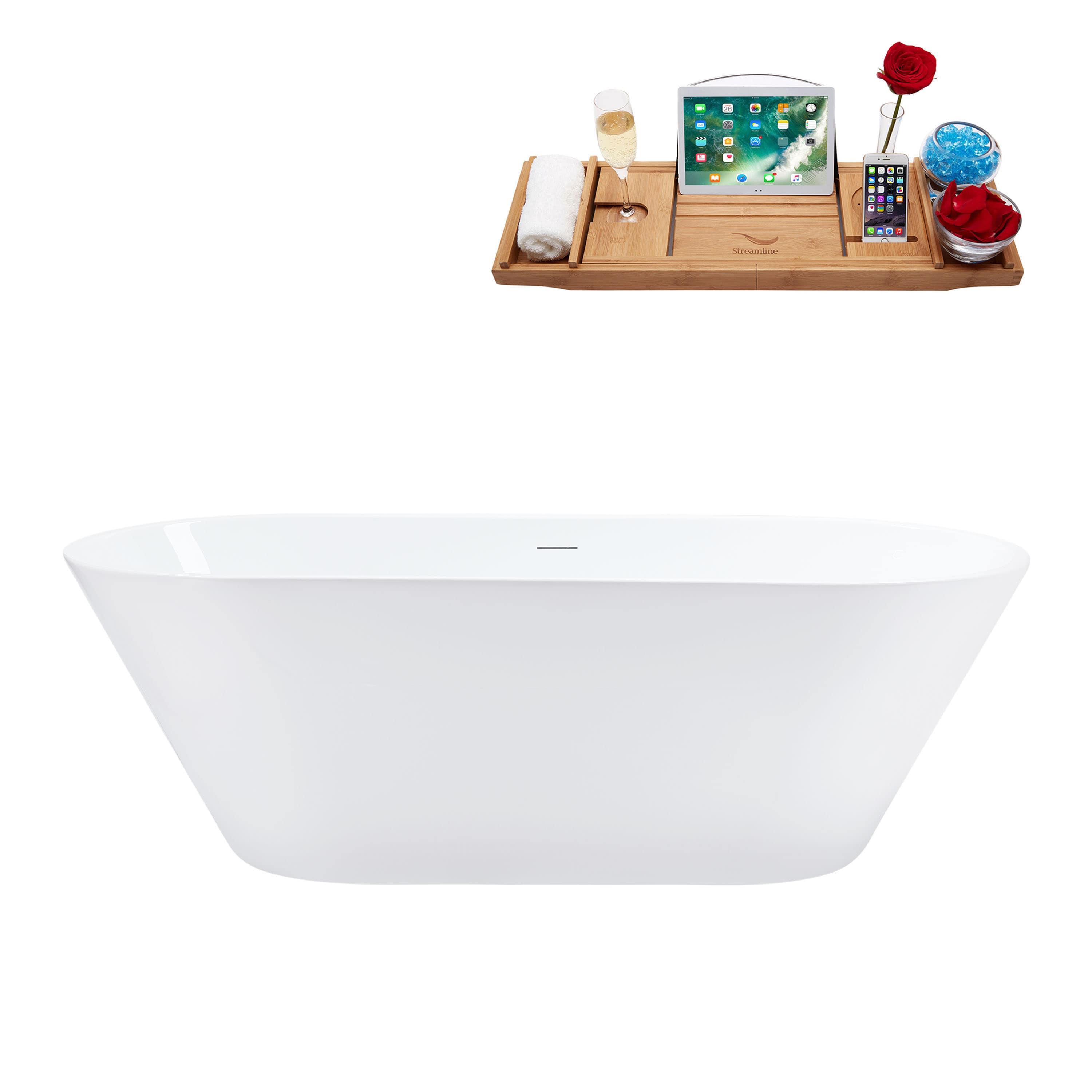 Streamline - 70 inch Soaking Freestanding Tub and Tray With Internal Drain in Brushed Brass