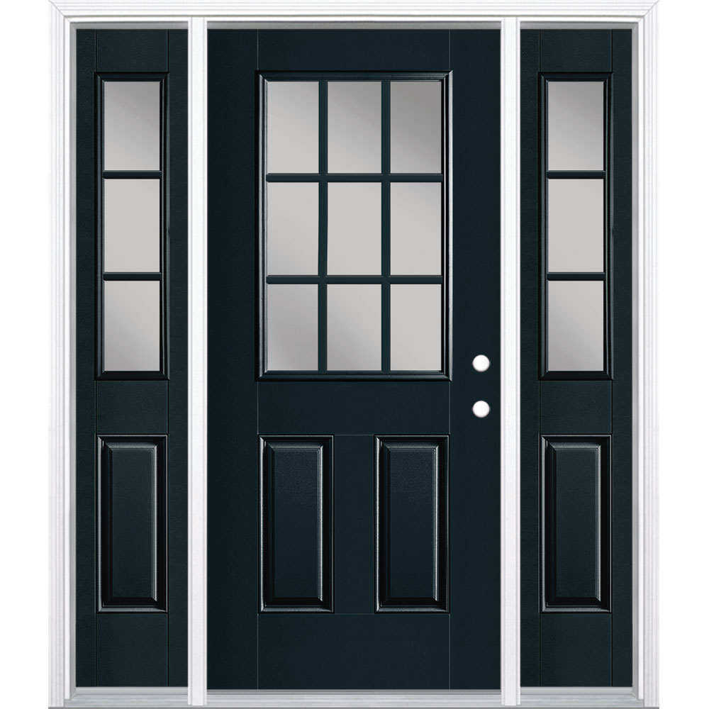 Masonite 1218805 60-in x 80-in x 4-9/16-in Fiberglass Half lite Left-hand inswing Eclipse Painted Prehung Front Door with Sidelights with Brickmould Insulating core with Grilles