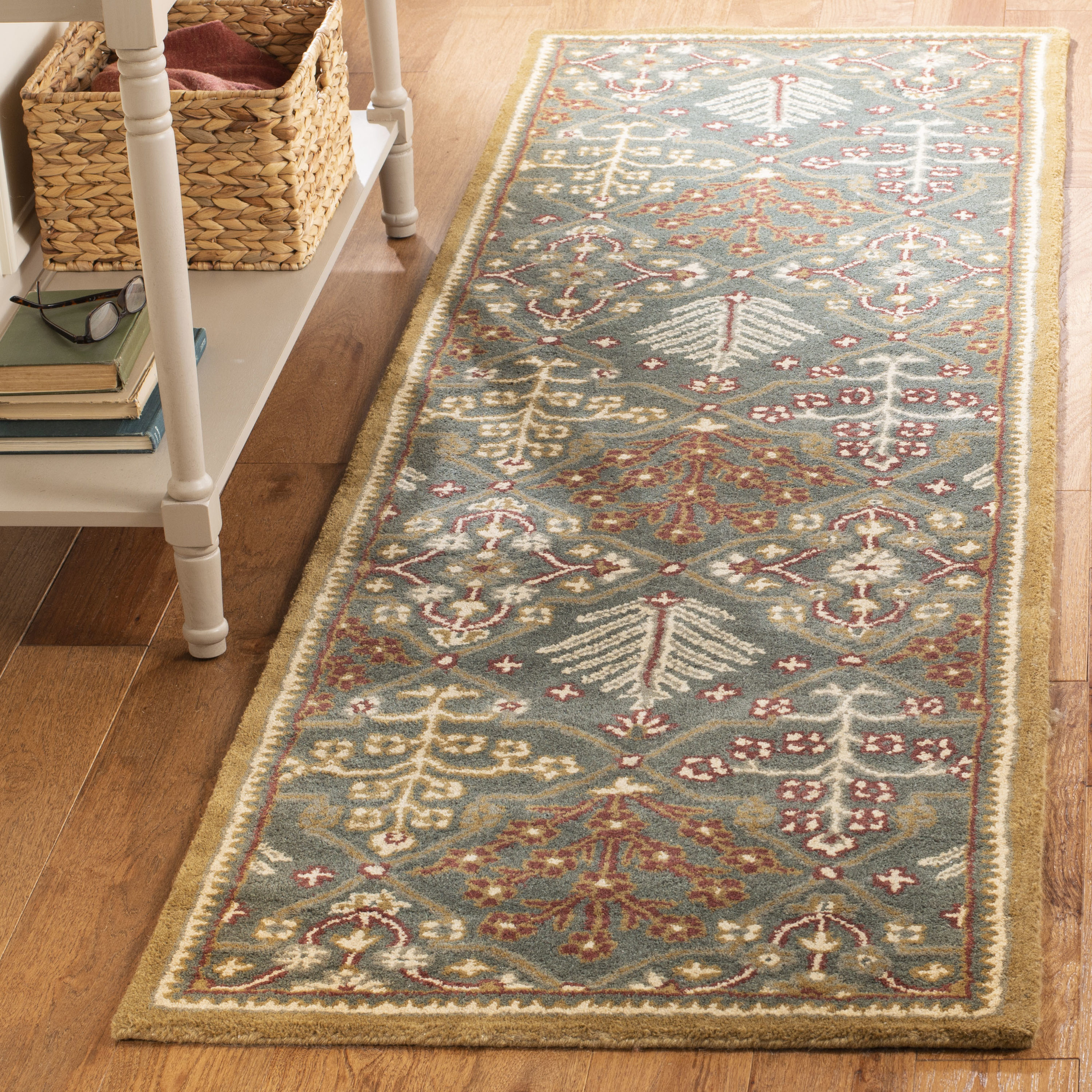 Handmade Light Blue and Gold Wool Runner Rug