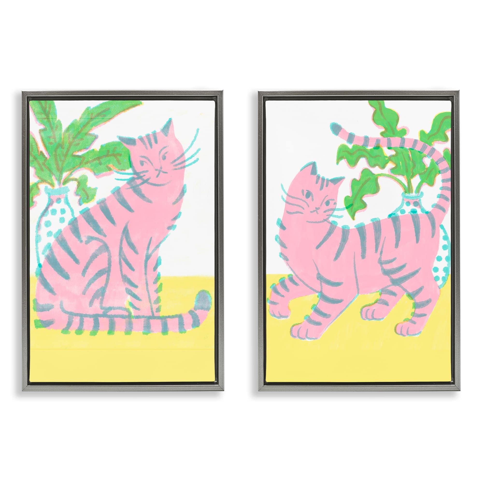 Stupell Industries B2-890-FFL-2PC-16X24 Pastel Pink Cats and Plants 2 Piece Gray Framed Floater Canvas Set By Hannah Moren 17 x 25