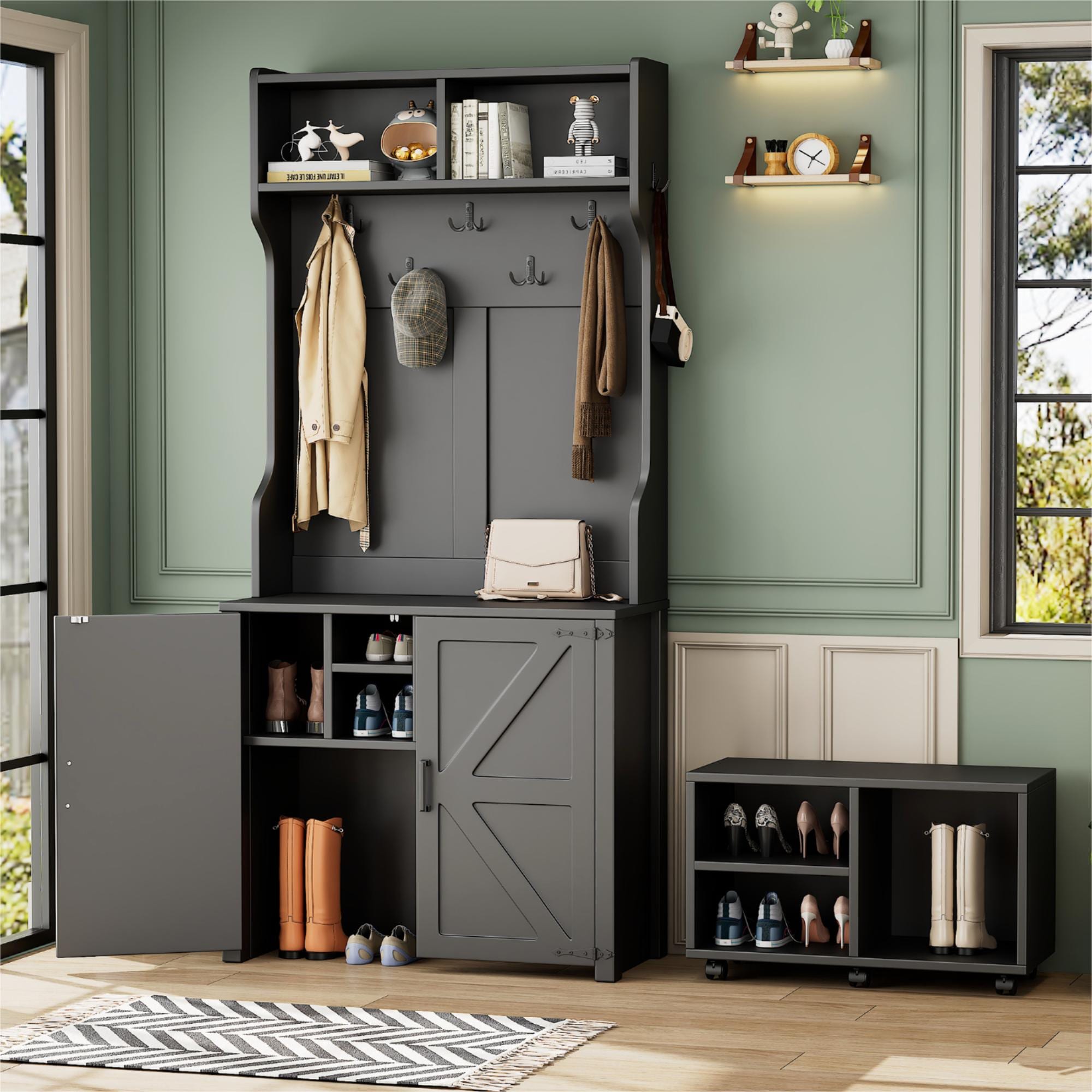 ModernLuxe N721P205788B Farmhouse 4in1 Hall Tree with Barn DoorsMovable Bench with 7 Hanging Hooks and Shoe Storage Cabinet76.9inchH Entryway Coat Rack with 6 Brake Wheels for HallwayLiving RoomBlack