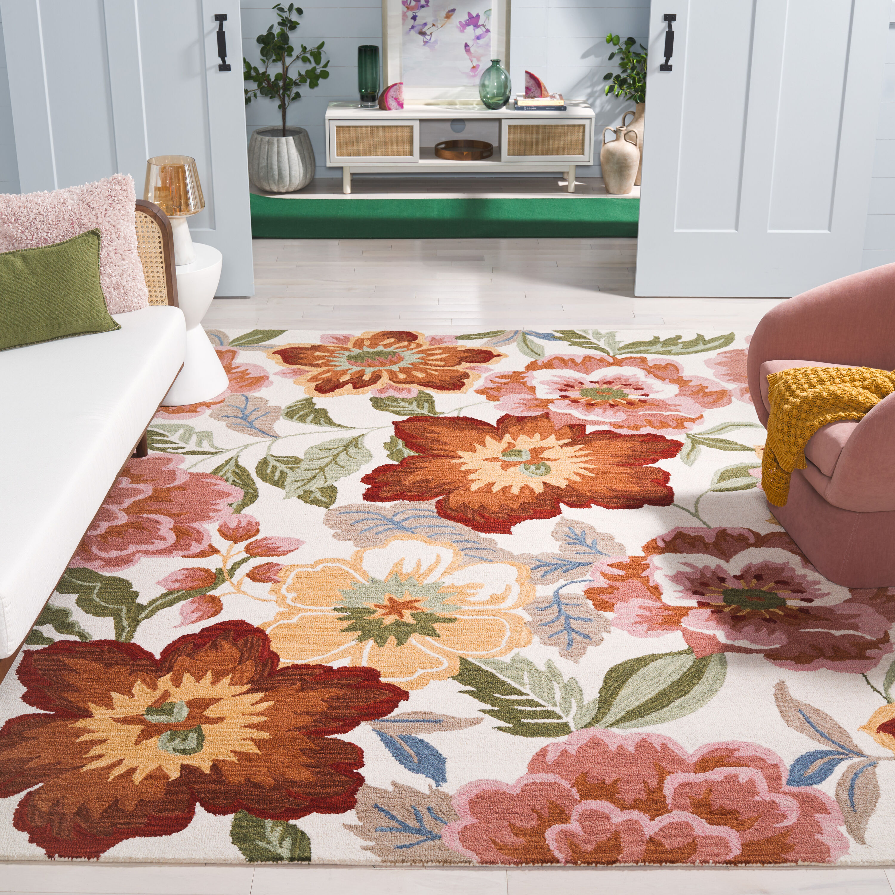 Ivory/Pink Rectangular Indoor Area rug