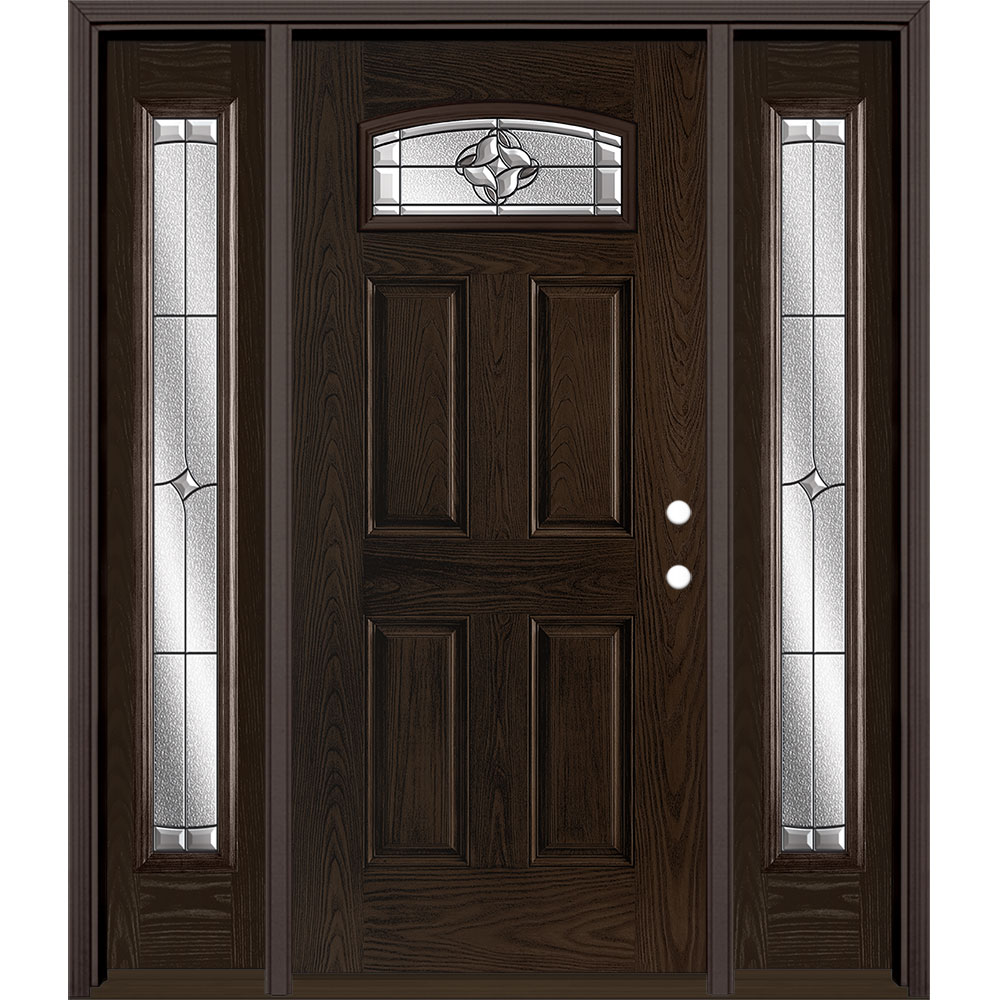 Masonite 3422959 Rozet 60-in x 80-in x 4-9/16-in Fiberglass 1/4 lite Left-hand inswing Walnut Stained Prehung Single door with sidelights Front Door with Brickmould Insulating core Decorative glass