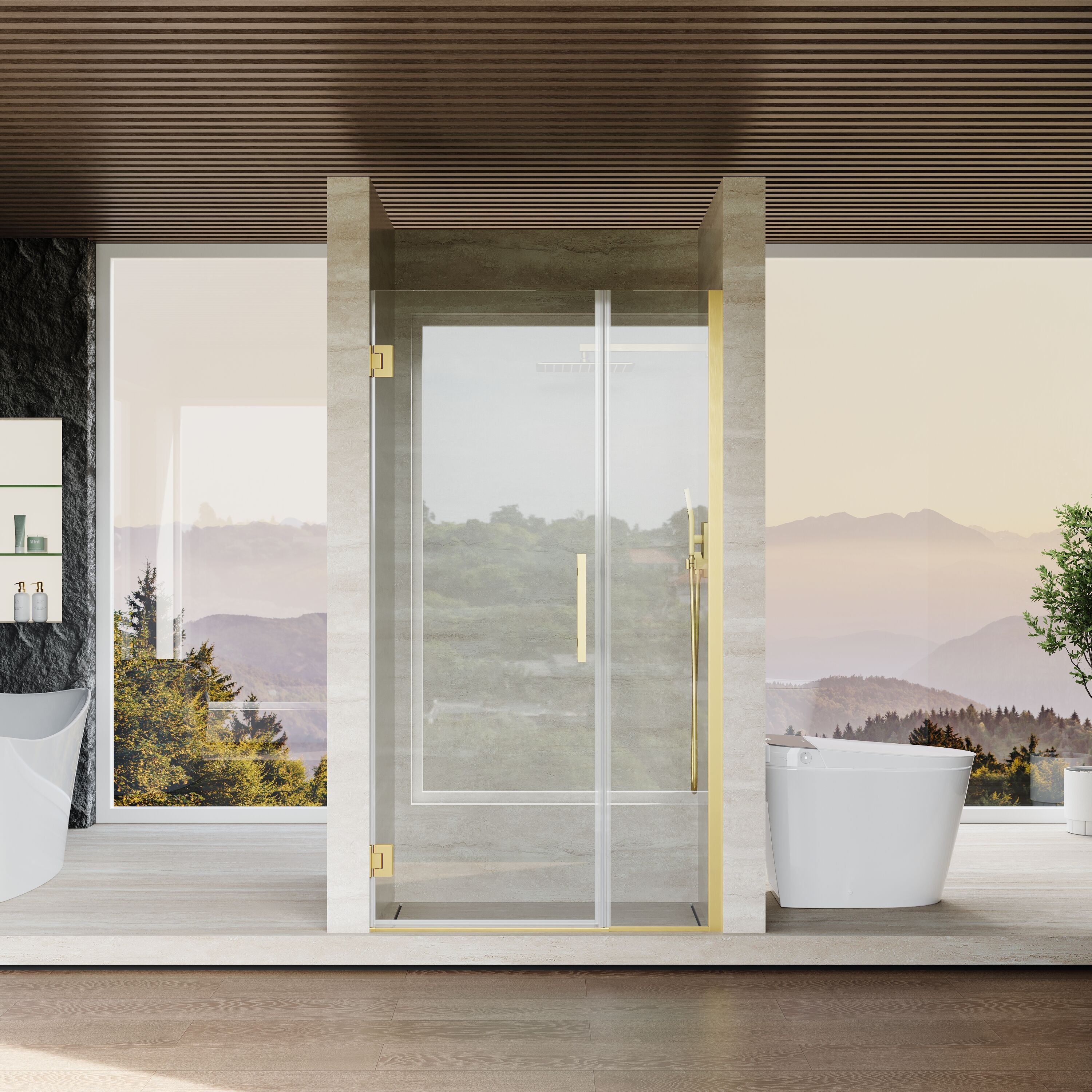 ANGELES HOME  39-in to-40-in W x 72-in H Frameless Hinged Shower Door with 3/8-in Clear Tempered Glass and Fixed Glass Panel in Brushed Gold