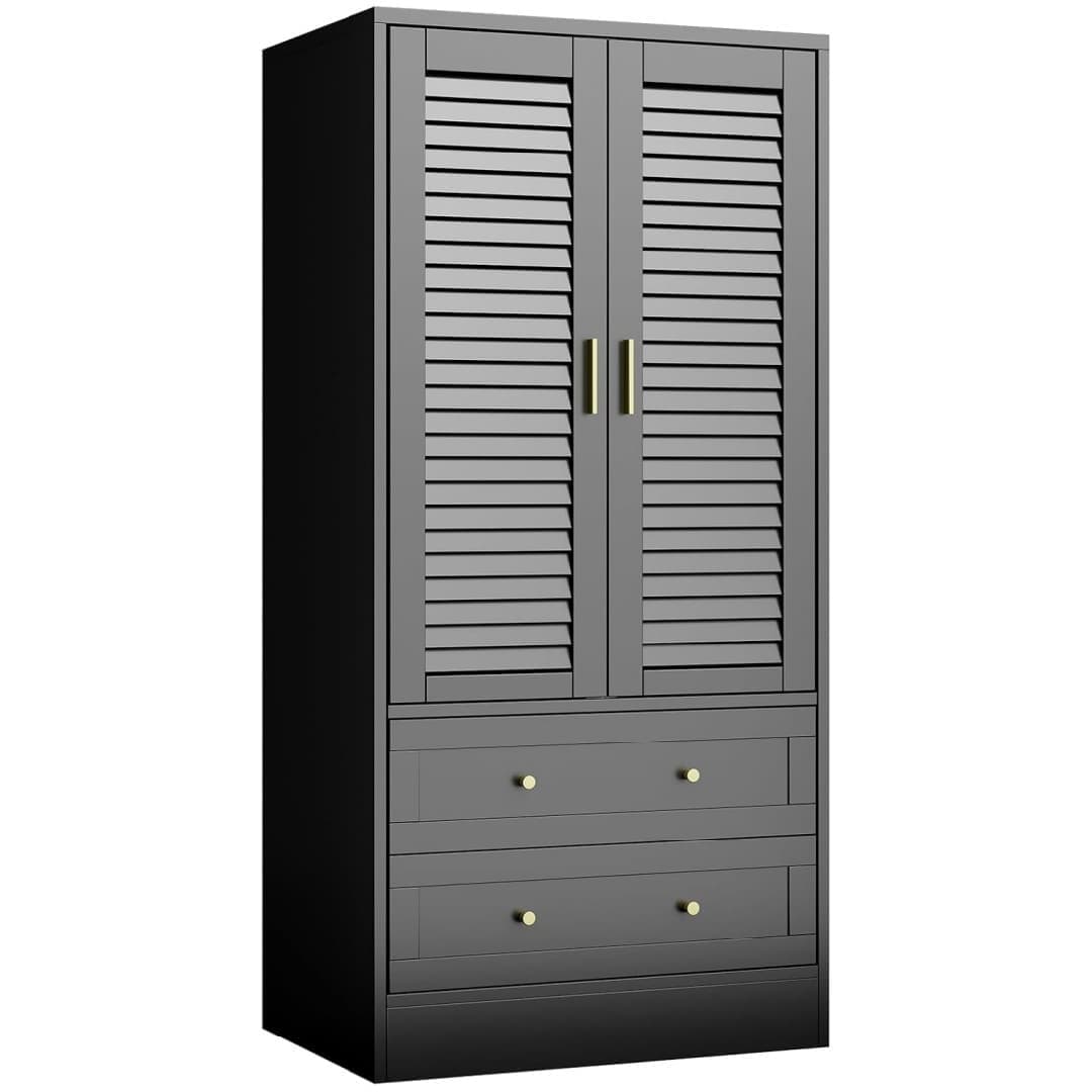 Qeetex NL-PHO-356BH47T Black Wardrobe Armoire Closet with Shutter Doors and Drawers Bedroom Armoire with Hanging Rod Large Capacity Storage Freestanding Wooden Closet Storage Cabinet