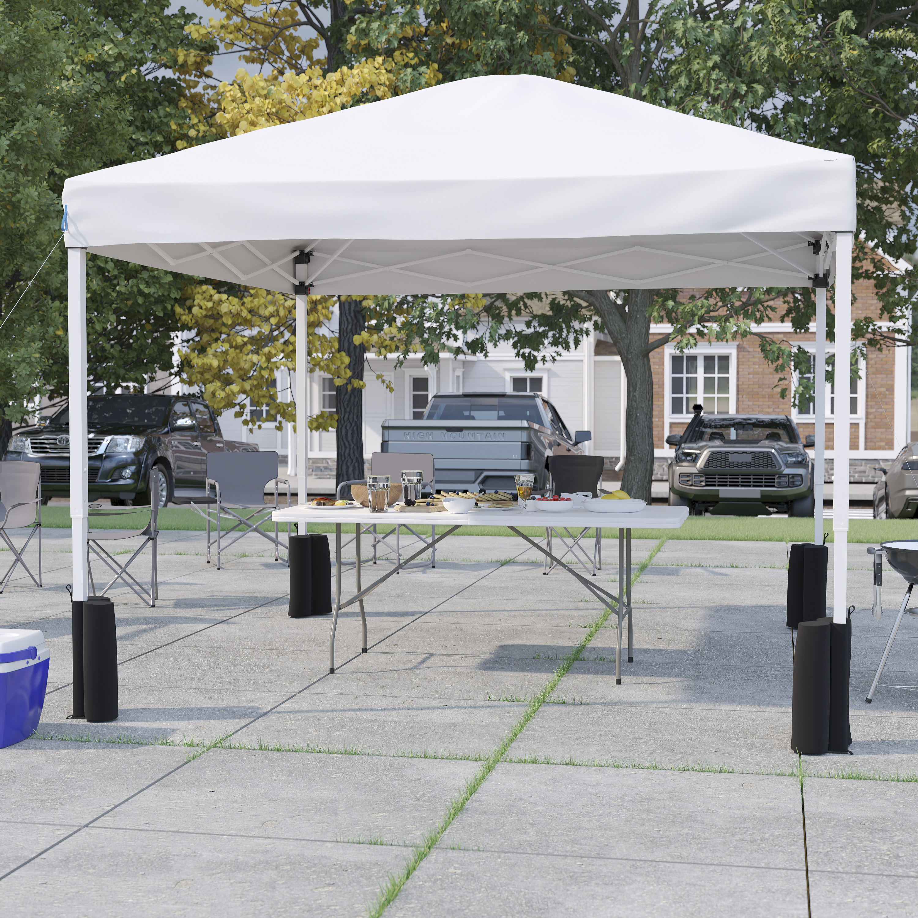 Flash Furniture 889142989066 Otis 10-ft x10-ft White Pop Up Canopy Tent with Wheeled Case and 6-Foot Bi-Fold Folding Table with Carrying Handle - Tailgate Tent Set