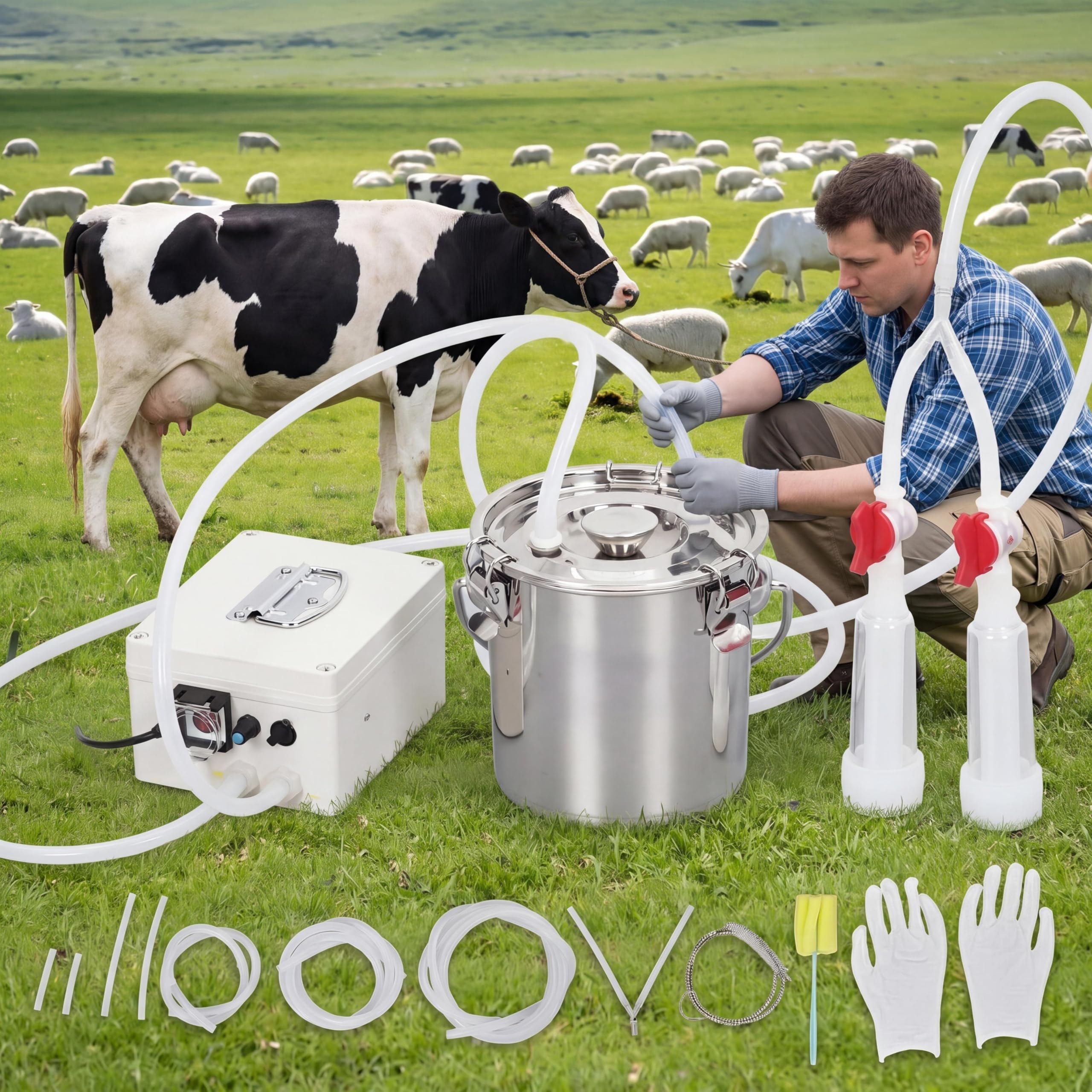 GarveeLife Portable Electric Goat Milking Machine 3L Stainless Steel Bucket Rechargeable 12V 5200mAh Battery Adjustable Pulsation Vacuum Pump 2 FoodGrade Teat Cups US Plug