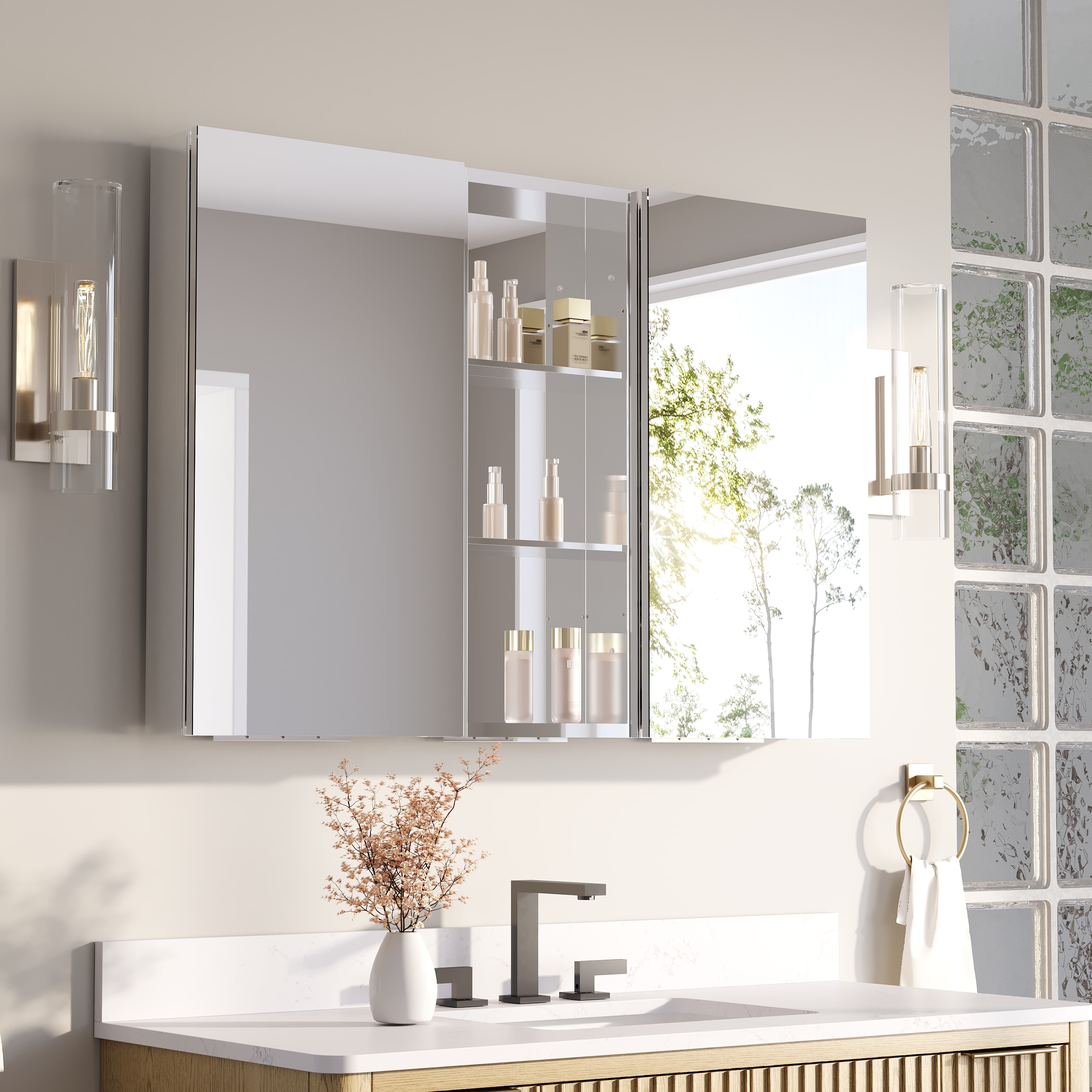 Iseryn Medicine Cabinets 44-in x 30-in Surface/Recessed Mount Chrome ...