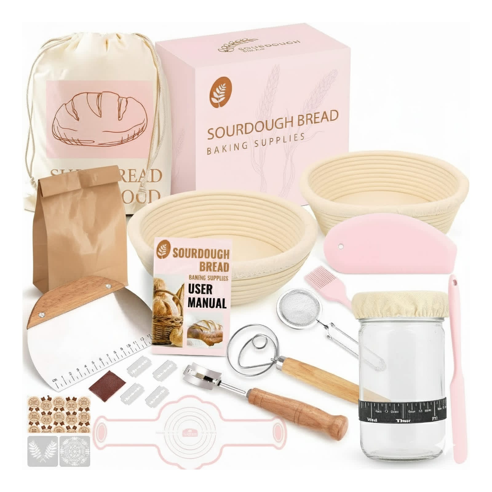 Etokfoks  Sourdough Starter Kit Includes Bread Proofing Basket Starter Jar Dough Whisk Bread Lame Scrapers Flour Duster Silicone Bread Sling Cooking Brush Stencils Bags