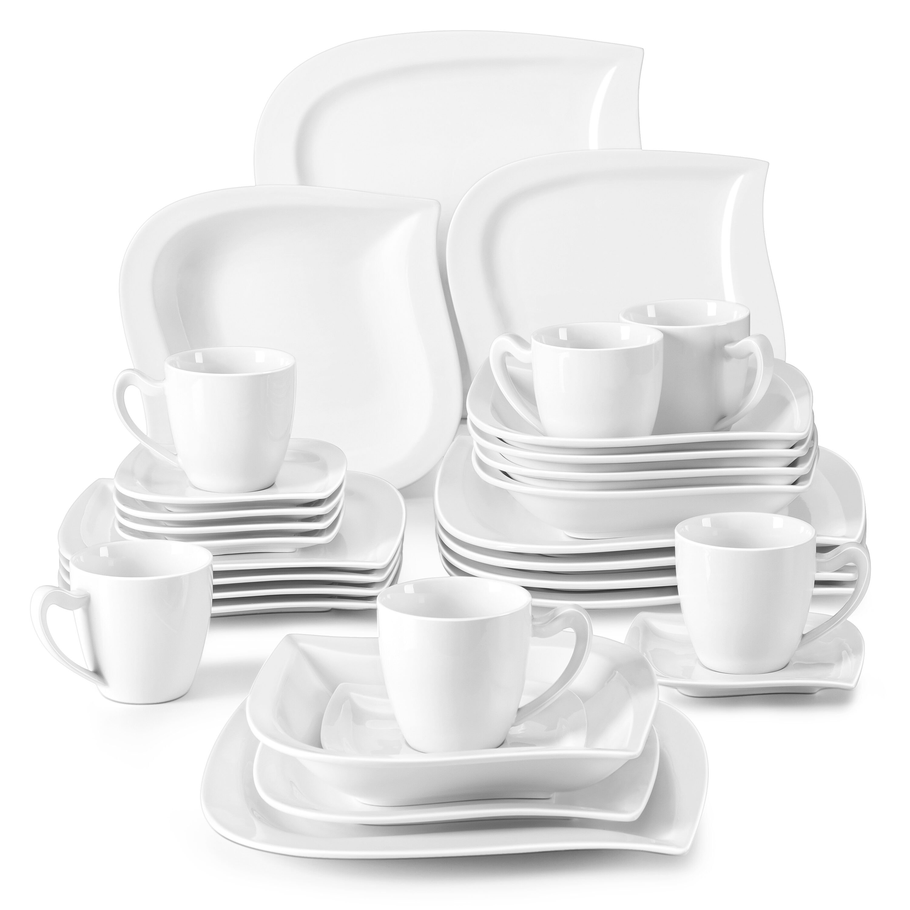 MALACASA Plates and Bowls Sets for 6, 30-Piece Marble Grey Square