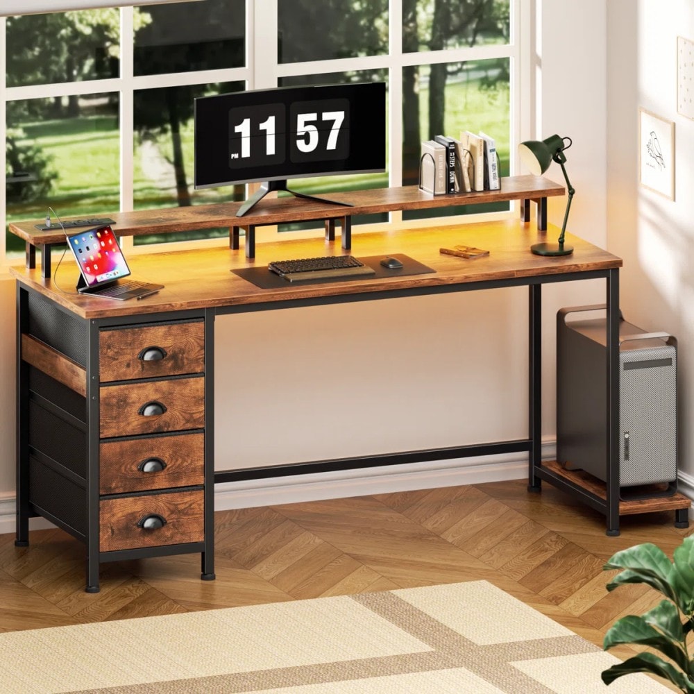 Furologee - 55 Inch Computer Desk with Power Outlets and Monitor Stand Reversible Gaming Desk wit...
