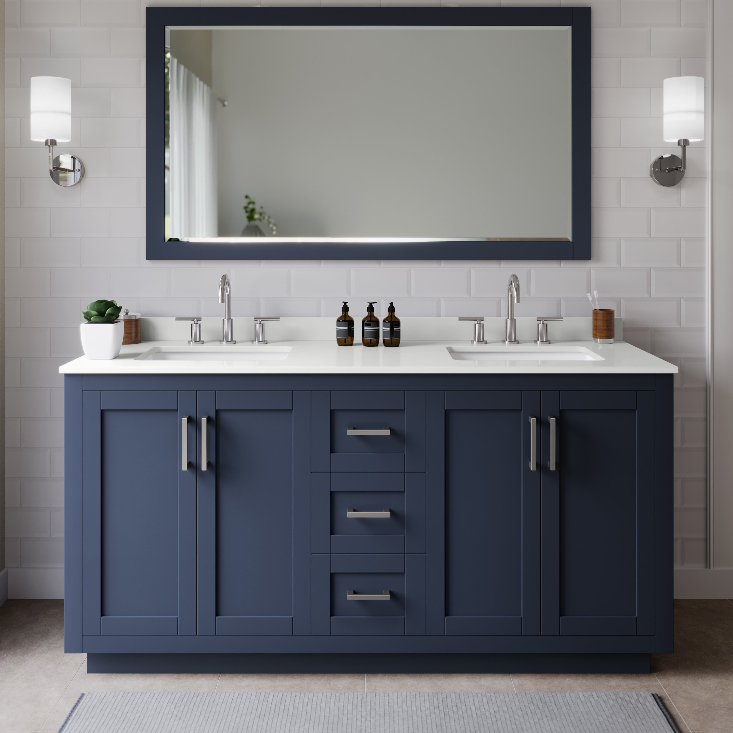 Wyndham Collection WCF292966DBNWQUS3MXX Miranda 66-in Dark Blue Undermount Double Sink Bathroom Vanity with White Quartz Top