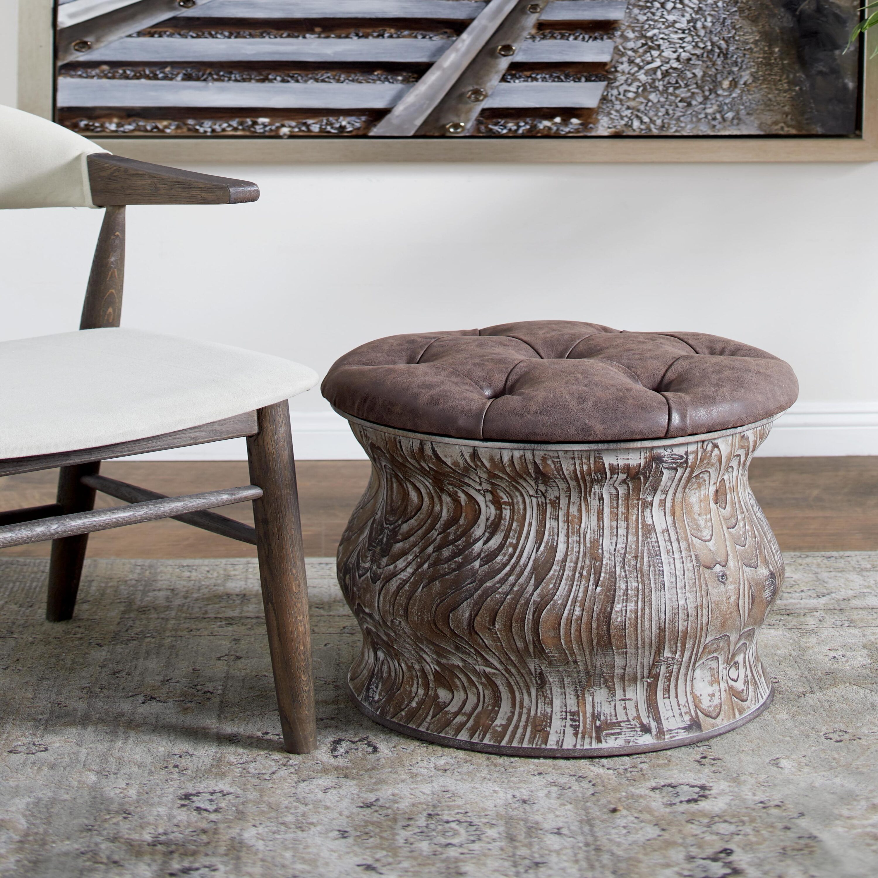 Grayson Lane 90671 Rustic Brown with Tufted Seat Round Storage Ottoman