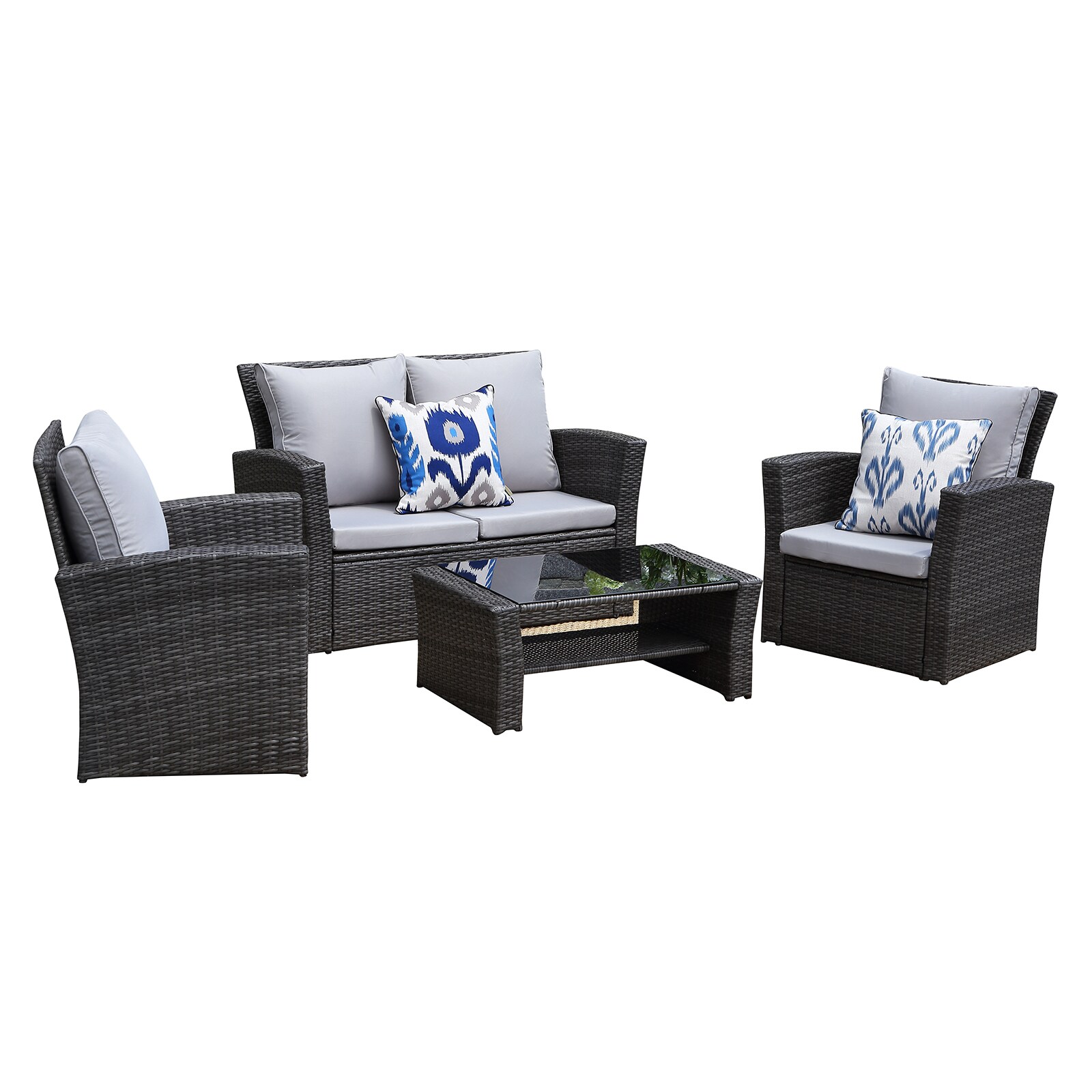 WELLFOR CAN-DR275 4-Piece Wicker Patio Conversation Set with Gray Cushions