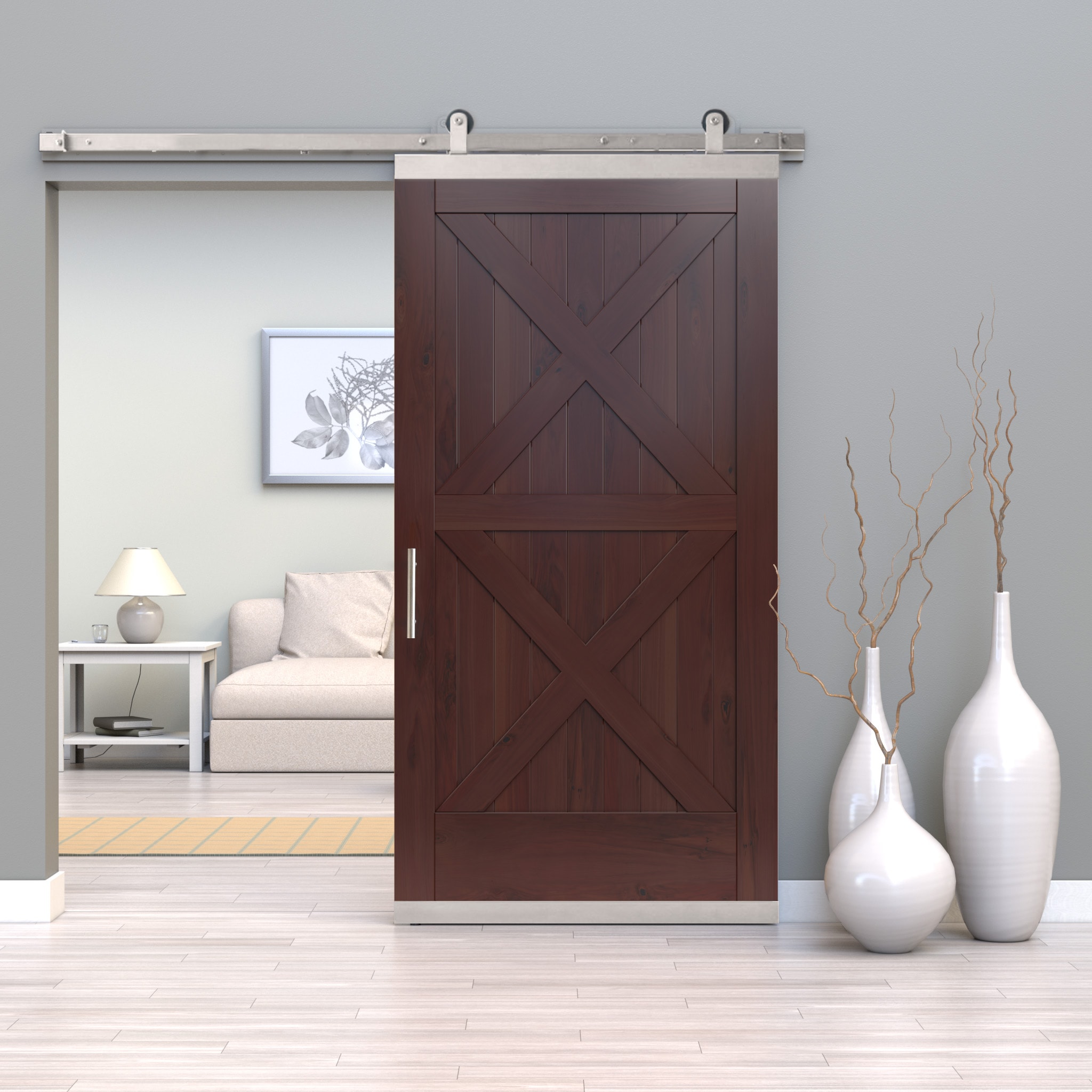 JELD-WEN LOWOLJW248600113 42-in x 80-in Spice Crossbuck Walnut Wood Solid core Single Barn Door (Hardware Included)