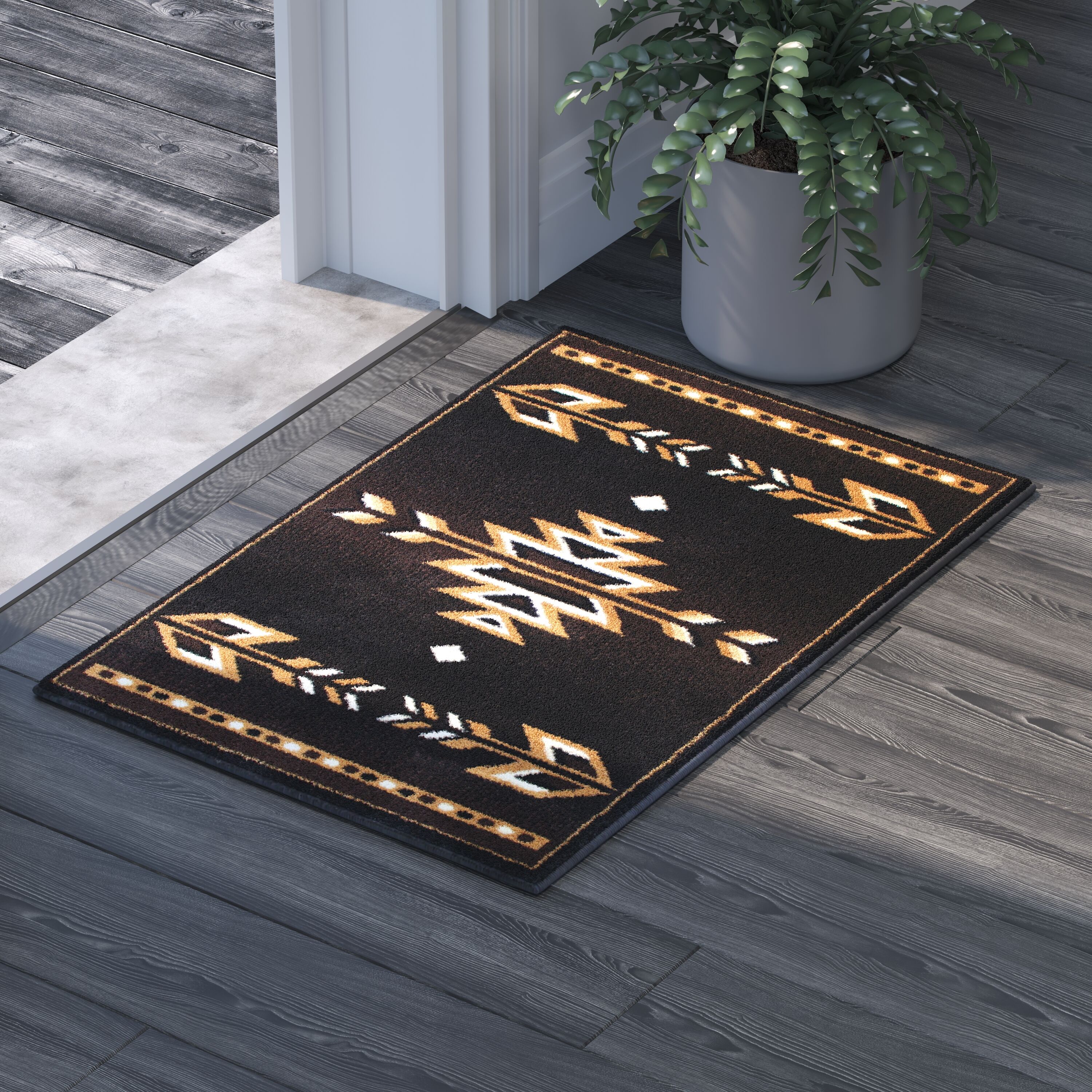 Emma + Oliver Sedona 2x3 Brown Olefin Accent Rug with Southwestern Geometric Arrow Design in Beige; Black and White and Natural Jute Backing