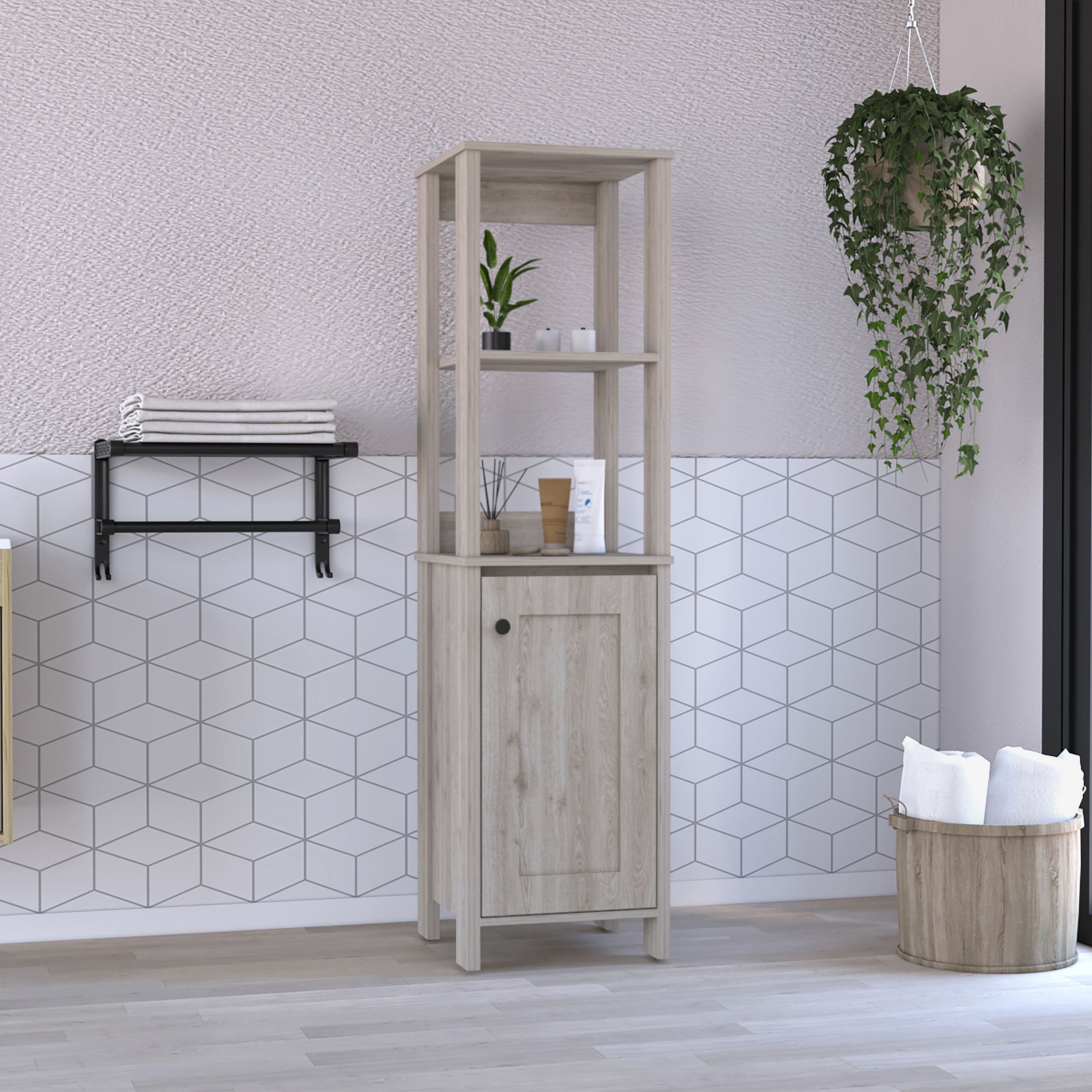 Tatayosi Linen Cabinet Two Interior Shelves Two Open Shelves Single Door