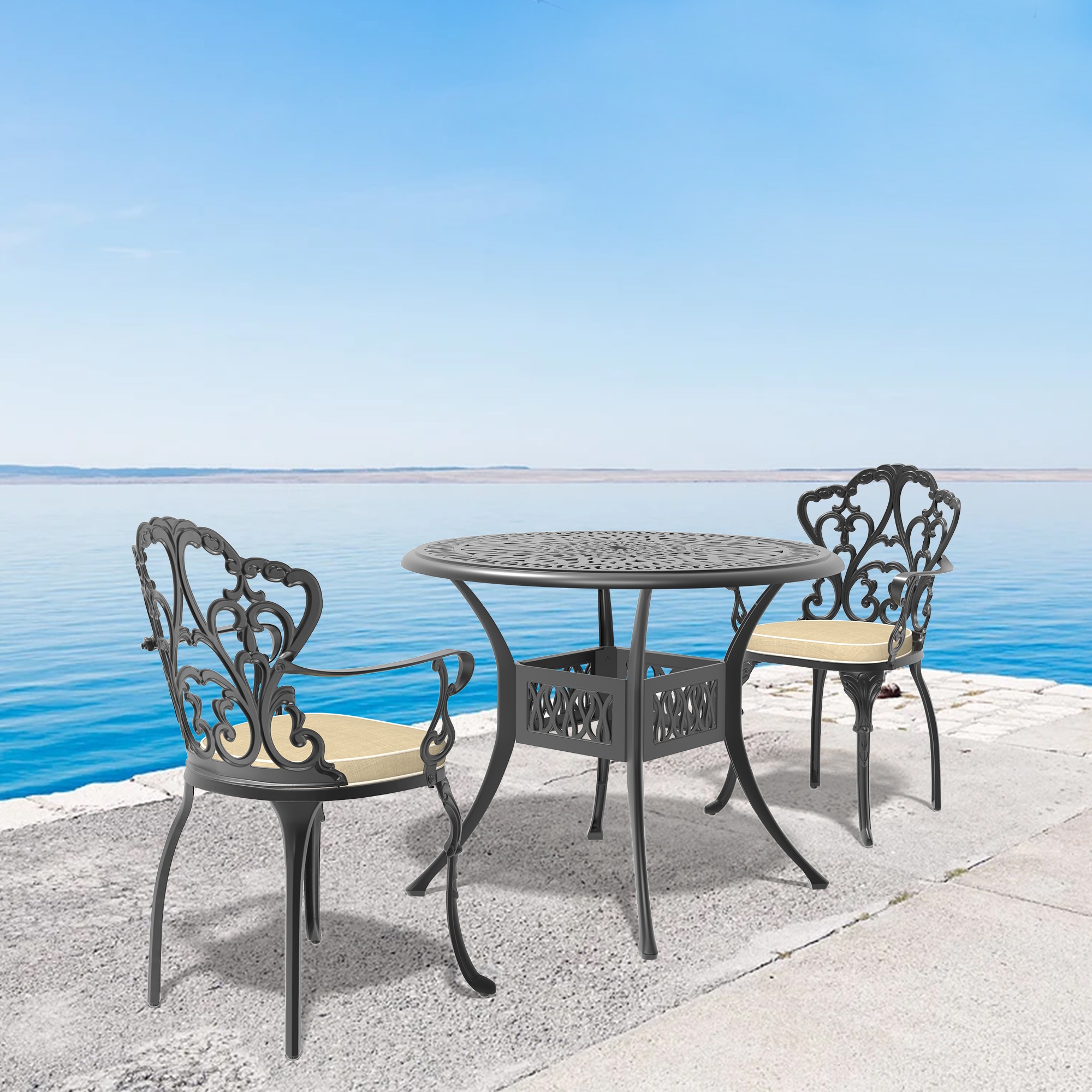Clihome - Patio Dining Sets 3 -Piece Black Patio Dining Set Aluminum Round Table with 2 Beige Cus...