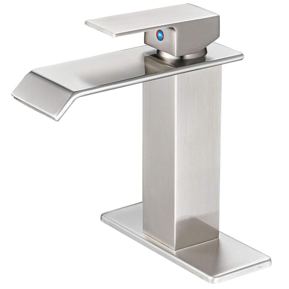 KINWELL A-96004N Brushed nickel 4-in centerset 1-handle Waterfall Commercial/Residential Handle Bathroom Sink Faucet with Deck Plate