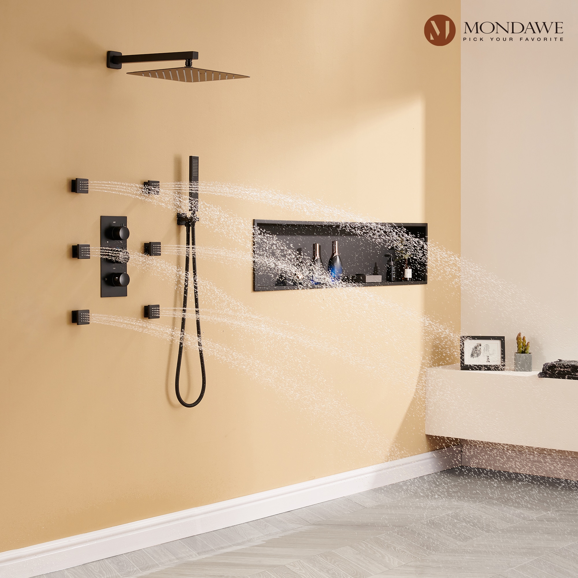 Mondawe Matte Black 12-in Built-In Shower Faucet System With 3-way ...