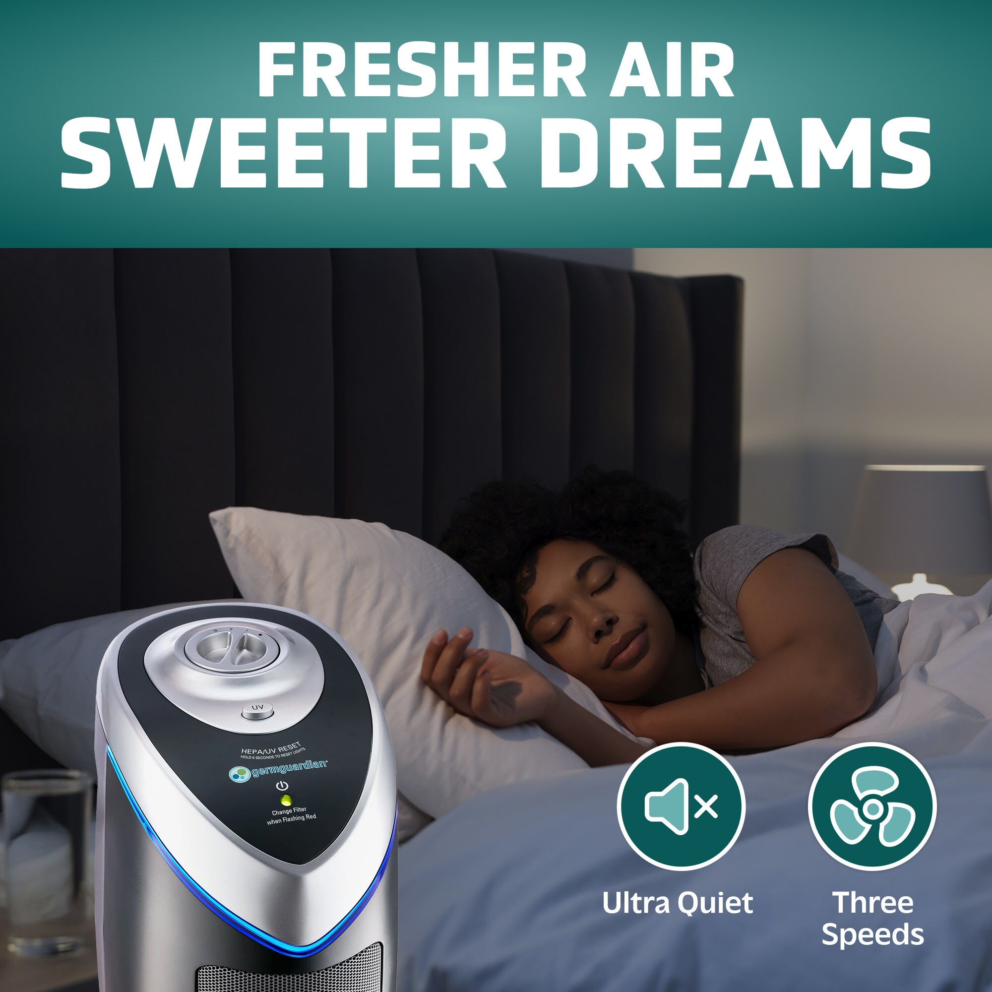 Black and Silver HEPA Tower Air Purifier with UV-C Light