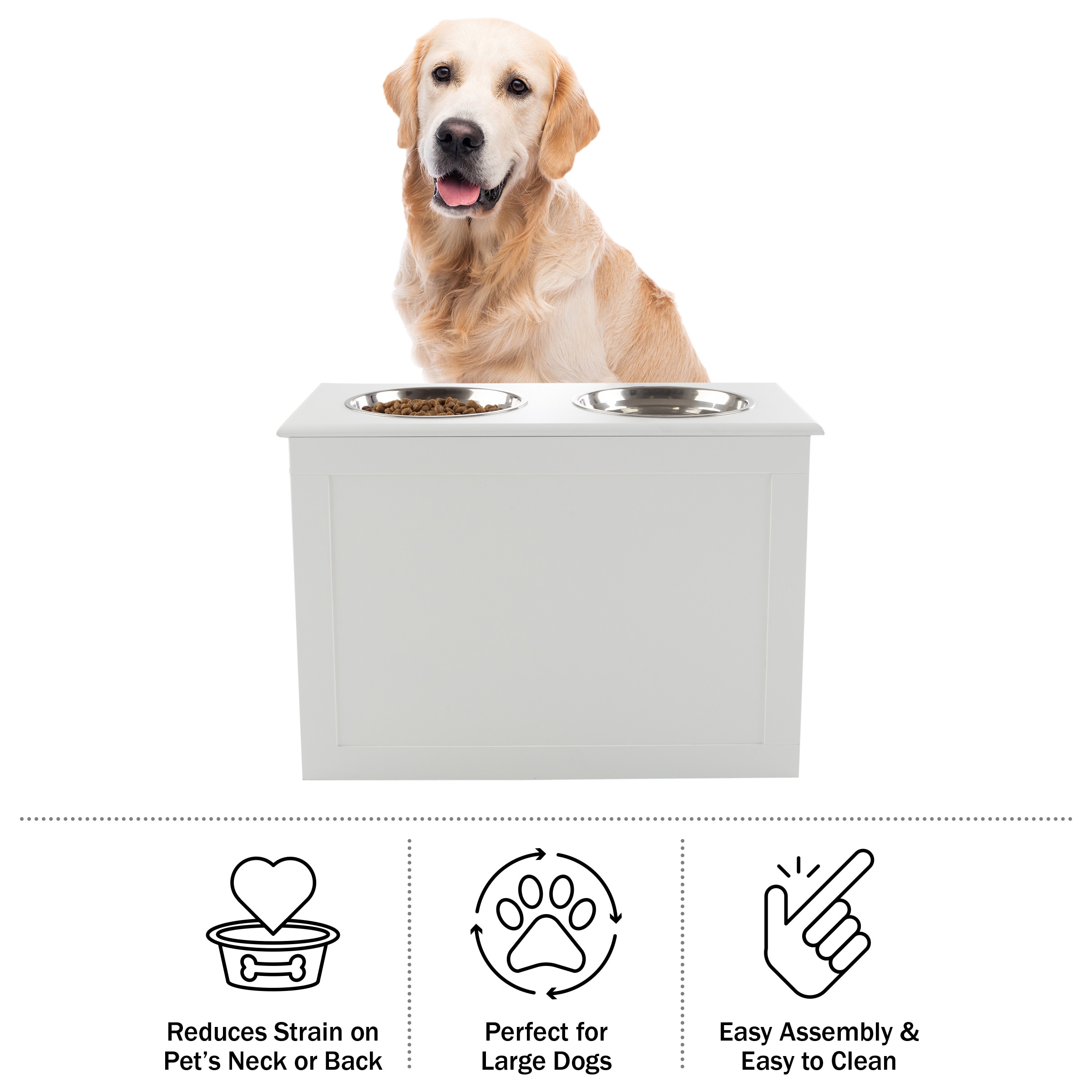 White Elevated Dog Bowls with Hidden Storage and Stainless Steel