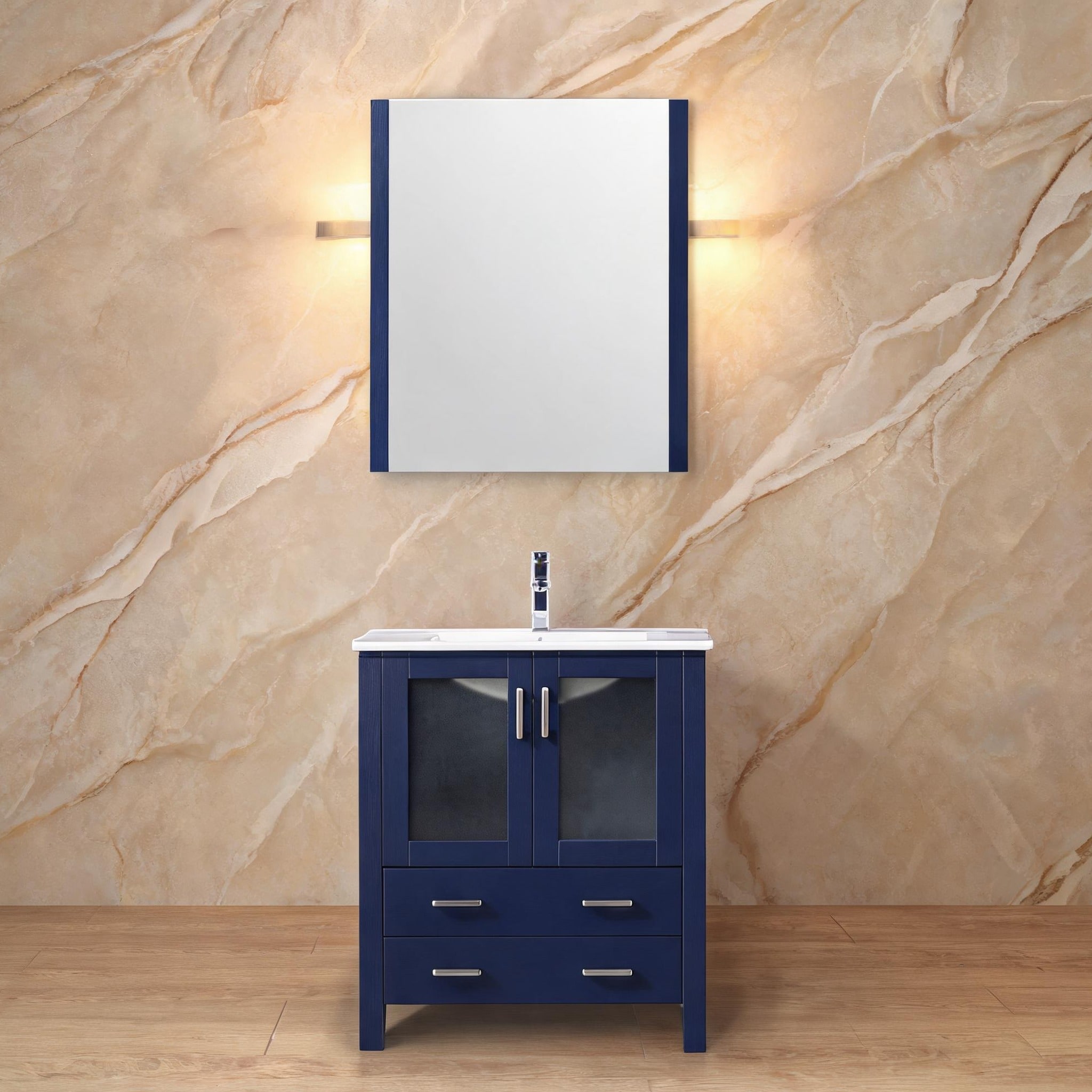 Naturefalls - 30-inch Blue-Toned Wood Bathroom Vanity with Ceramic Top Faucet and Mirror