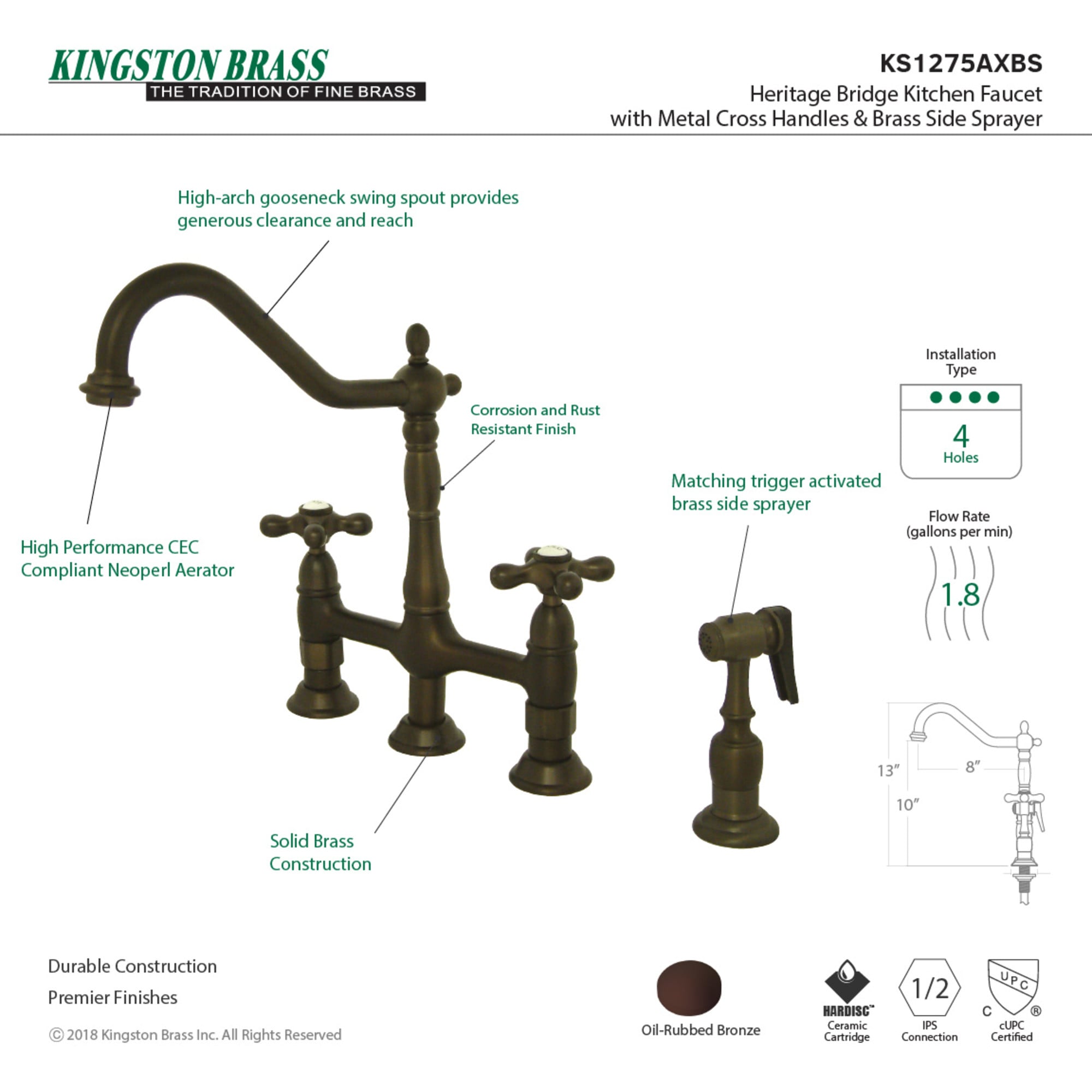Oil-Rubbed Bronze Double Handle Bridge Kitchen Faucet with Side Spray