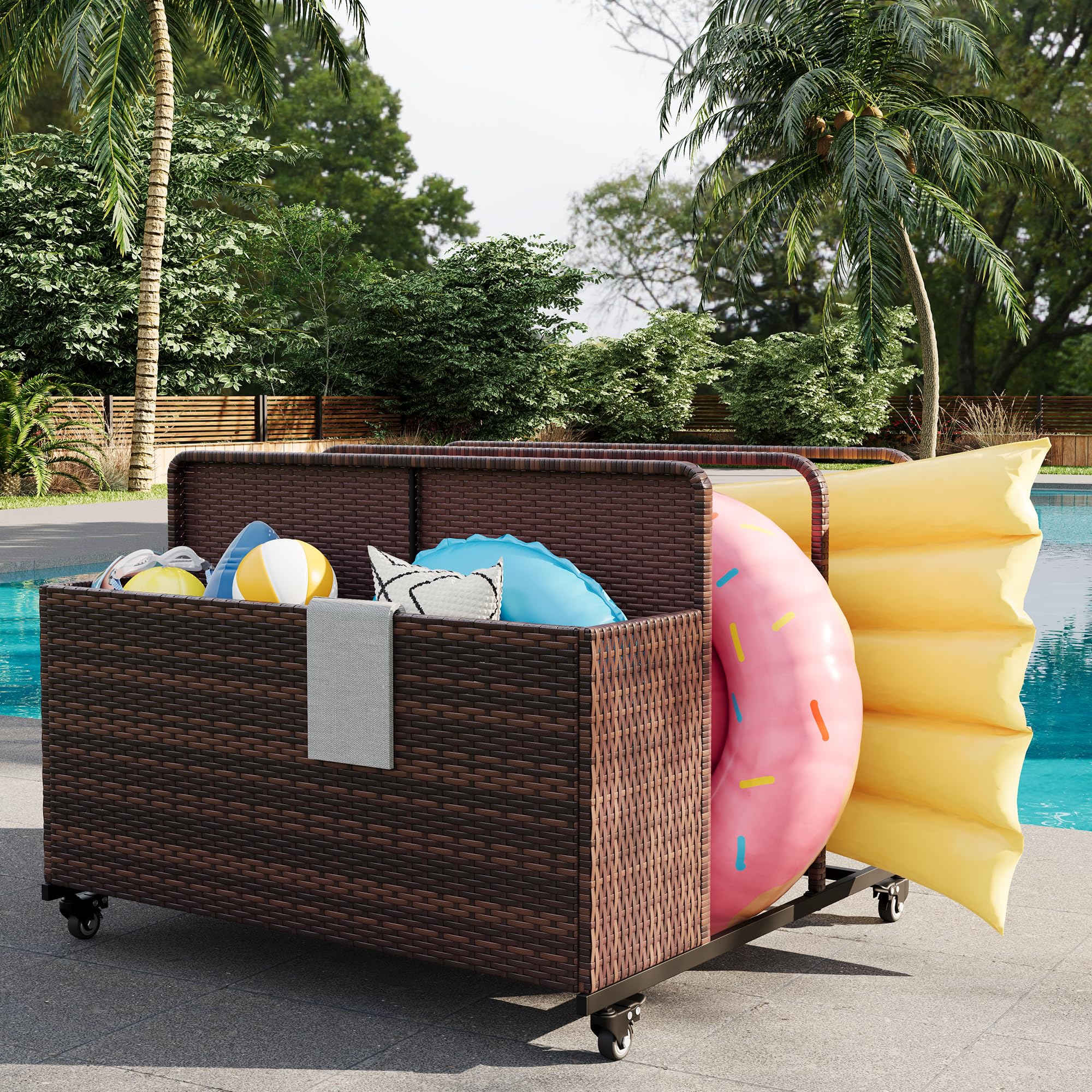 GarveeLife Pool Float Storage Organizer with Rolling Wheels All-Weather PE Rattan Caddy Outdoor Pool Toy Storage Basket with 2 Open Compartments